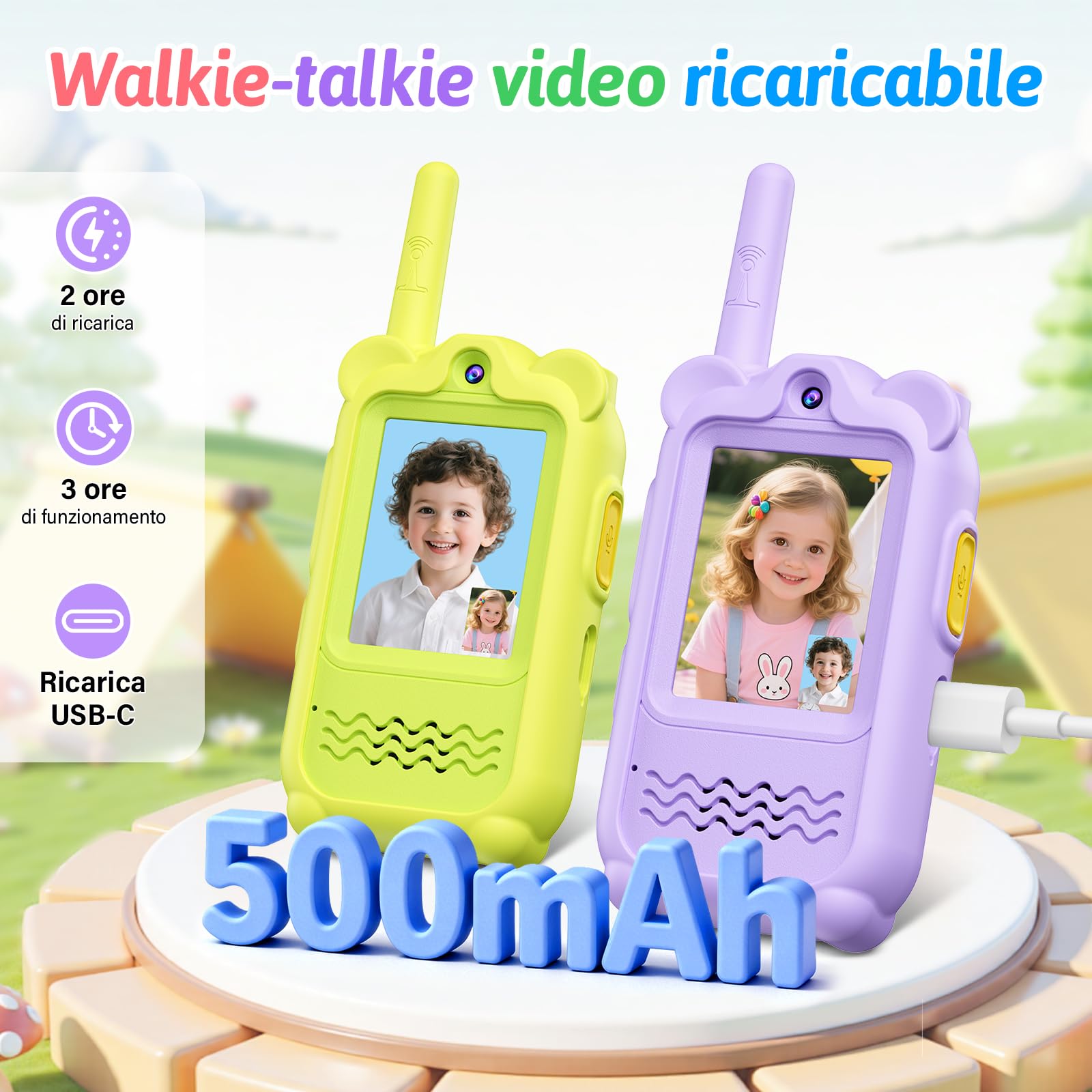 Video Walkie Talkie Bambini, 2 Pezzi Walkie Talkie Ricaricabili, Lungo Raggio & 4 Effetti Vocali Giocattoli, Compleanni Regalo per Bambini & Bambine dai 3 ai 12 Anni