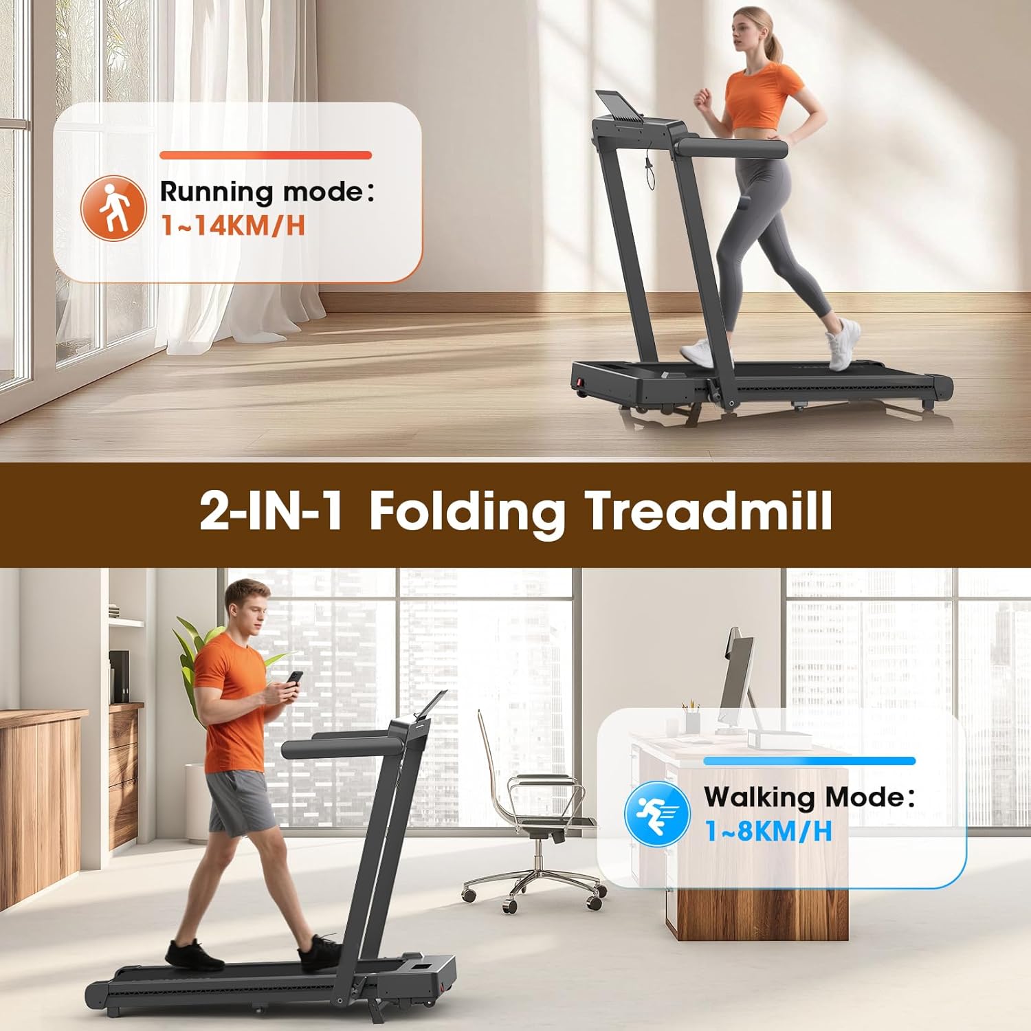 Two-in-one folding treadmill showing walking and running modes