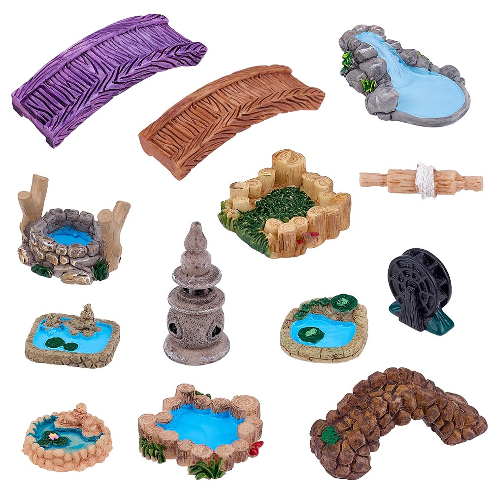 GORGECRAFT 12pz 12 Estilos de Puente de Jardín En Miniatura de Resina Minifaro Rueda Hidráulica Pozo Piscina Adornos de Construcción Puentes de Hadas Pequeñas Estatuas para Manualidades de Bricolaje