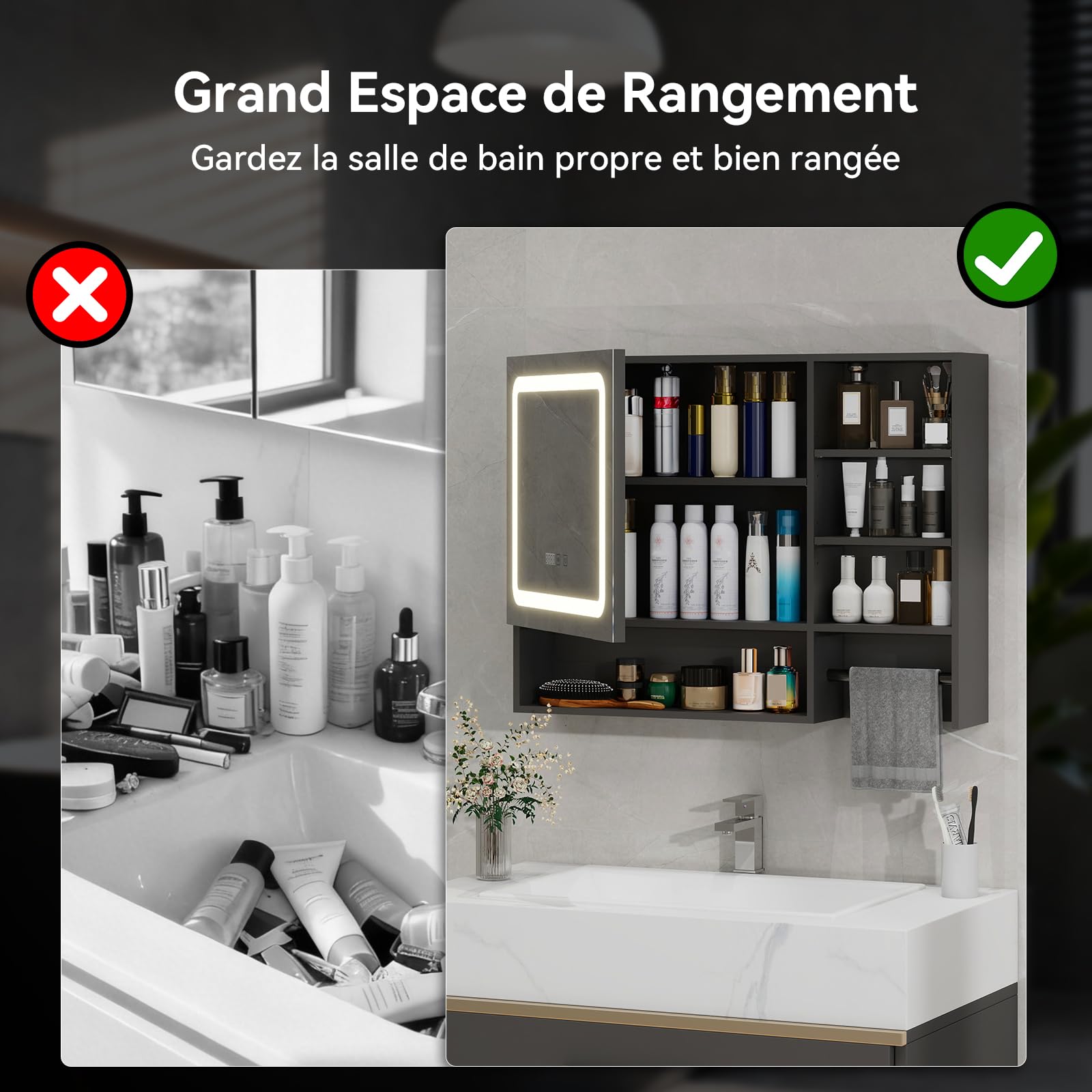 YU YUSING Armoire Salle de Bain avec Miroir LED 80x60cm, Meuble de Toilette Suspendu avec 6 Étagères et Porte-Serviettes, Hauteur Réglable, Anti-Buée, 3 Températures de Lumière Réglables, Noir