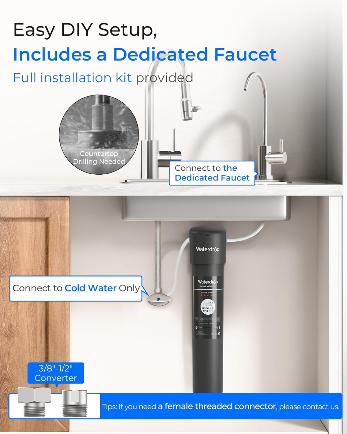 Waterdrop 15UB Under Sink Water Filter, Under Sink Water Filtration System for 2 Years, NSF/ANSI 42 Certified, Reduces PFAS, PFOA/PFOS, Lead, Under Sink Water Filter with Faucet, 19K Gallons - Image 7