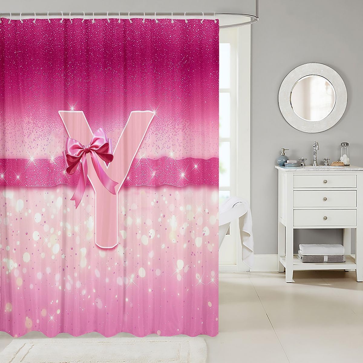 Feelyou Pink Kawaii Bow Shower Curtain for Bathroom Decor Personalized Letter Y Bath Curtain for Stalls Bathtubs Glitter Bow Bathroom Accessories Cute Bowknot Waterproof Polyester Fabric with 12 Hooks image 2