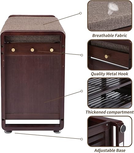 Miniatura 6 de Banco de zapatos de bambú con 3 ganchos laterales, cojín gris extraíble, almacenamiento de zapatos de entrada de 2 niveles, 37.4 x 11.4 x 19.3