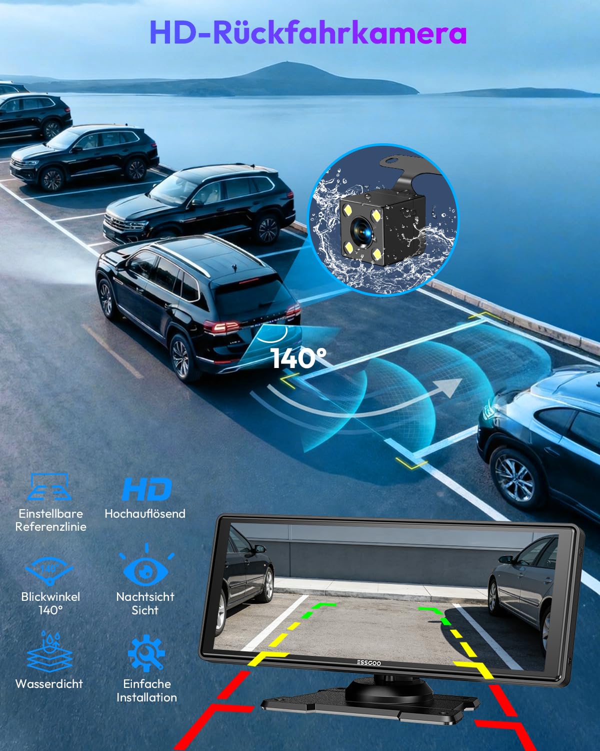 ESSGOO Carplay Android Auto Display mit Rückfahrkamera,10.26 Zoll Apple Carplay Bildschirm für Android Auto/AirPlay/Mirror Link,Wireless Touchscreen GPS Navigation,Bluetooth 5.3,AUX,FM,Sprachassistent