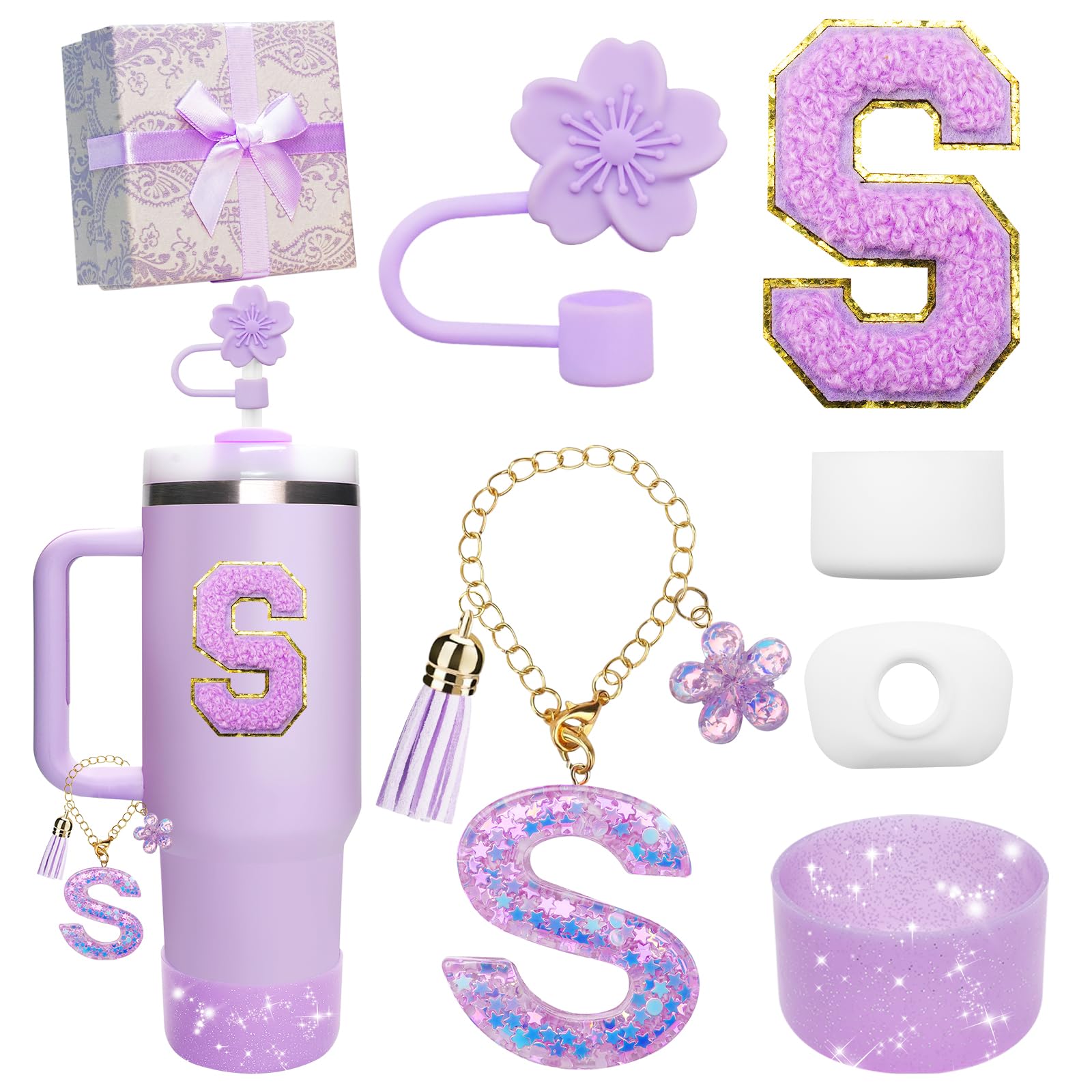 Miglaja Purple Accessories for Stanley Cup 30OZ 40OZ, All Accessories Gift Box Contain Flower Straw Topper, Sillicone Boot, Letter Stickers and