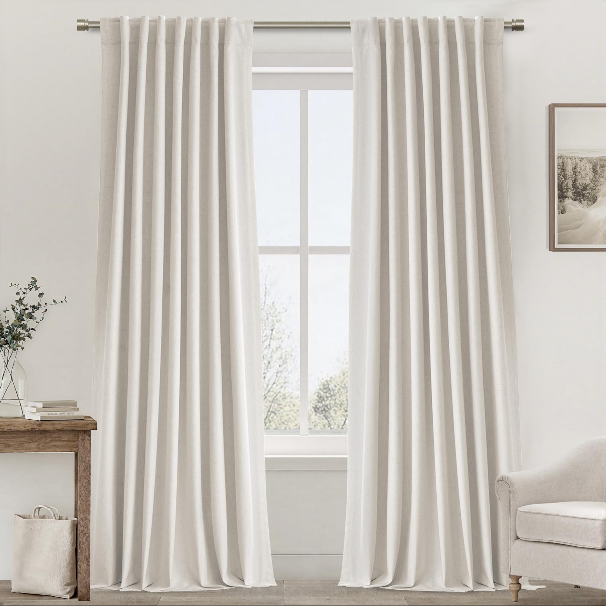 UHITECH Cream Blackout Curtains for Bedroom Windows Back Tab/Rod Pocket/Hook Belt Living Room Linen Curtain 90 Inch Length 2 Panels Set Pinch Pleated