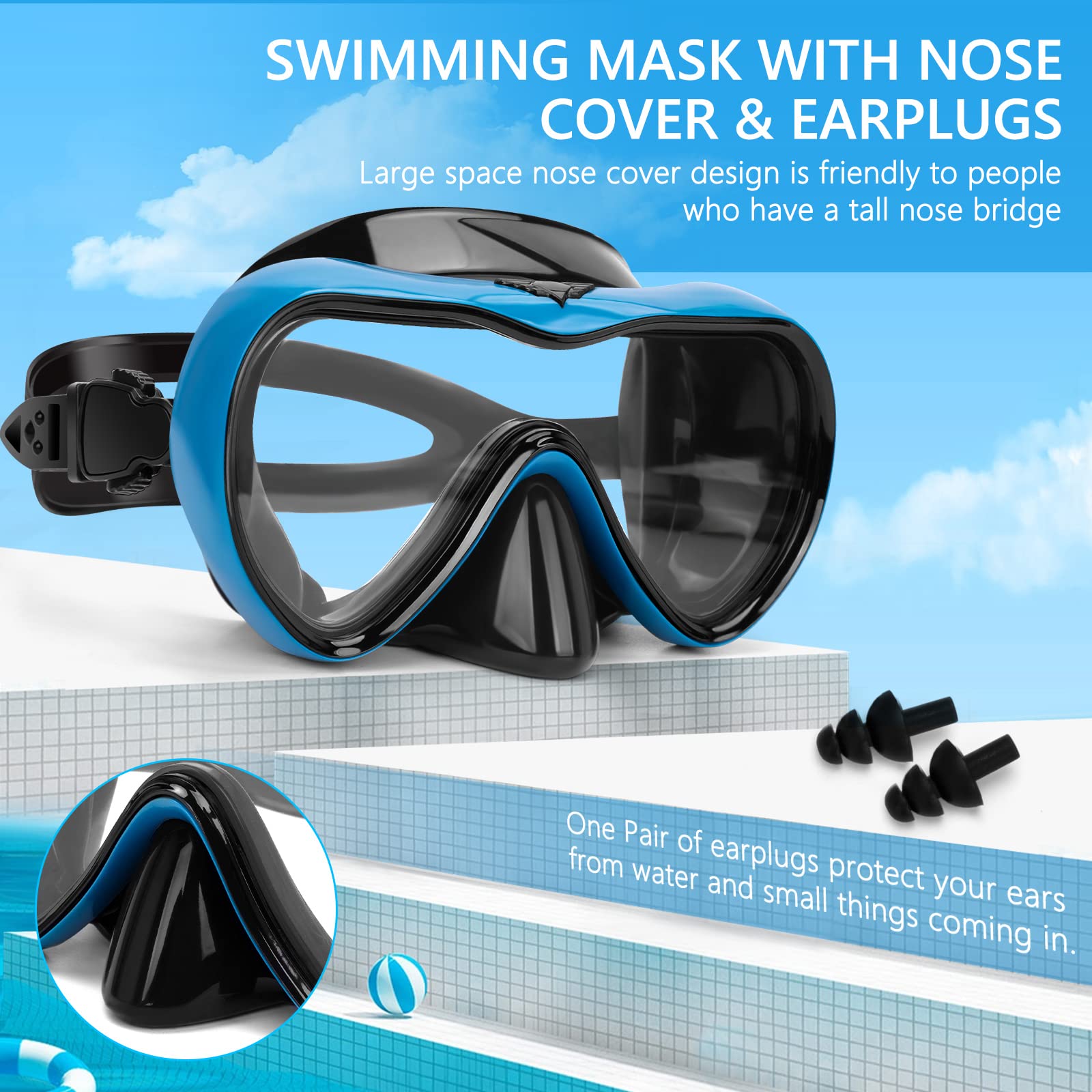 Gafas de natación, gafas de buceo antivaho con cubierta para la nariz, máscara de buceo de silicona antifugas para adultos, máscara de natación de vidrio templado HD de 180 grados para esnórquel con