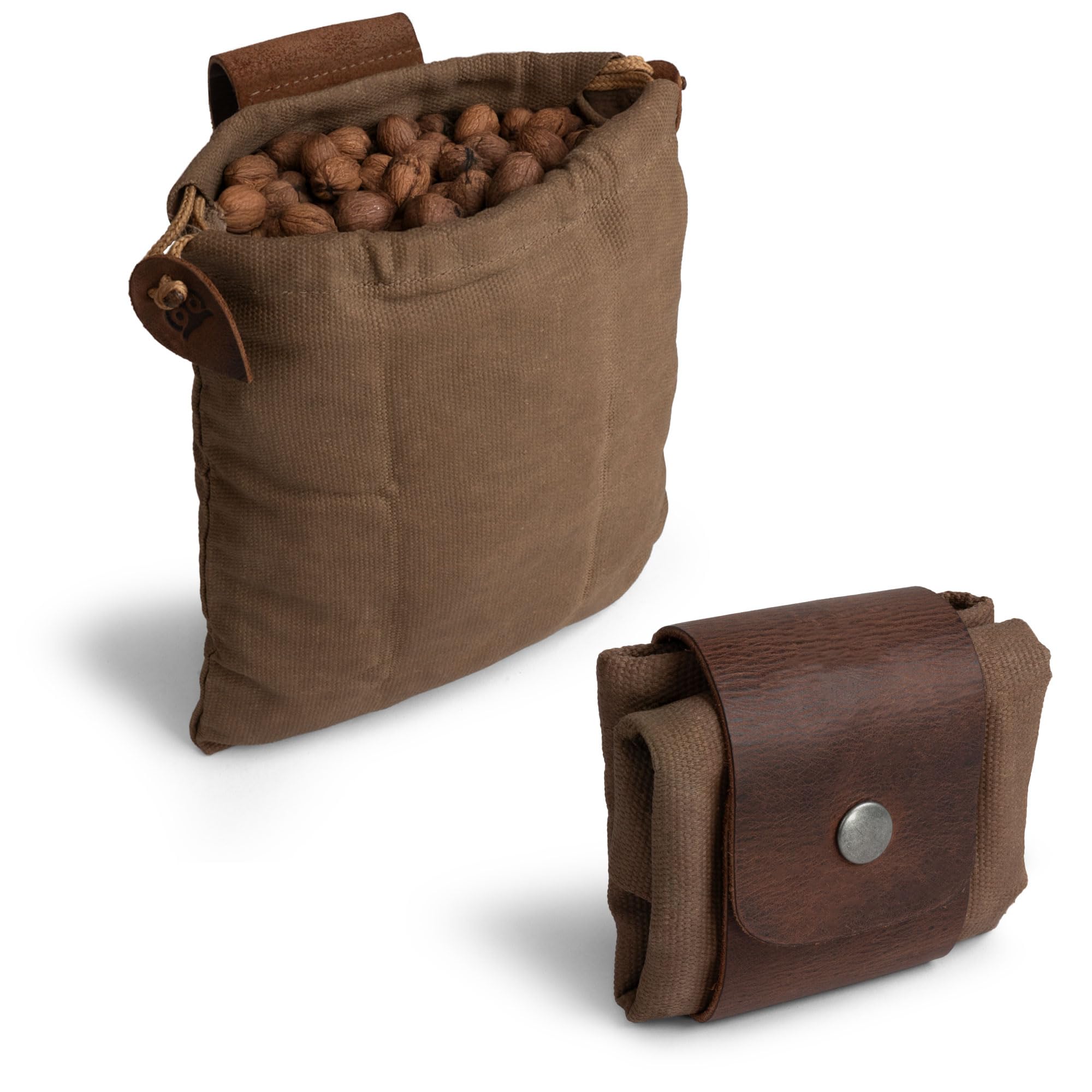 Hide & Drink, Foraging Pouch (Collapsible) for Hiking, Treasures & Seashells Bag, Easy Looping Around Belts, Grocery Storage, Waxed Canvas, Handmade, Fatigue