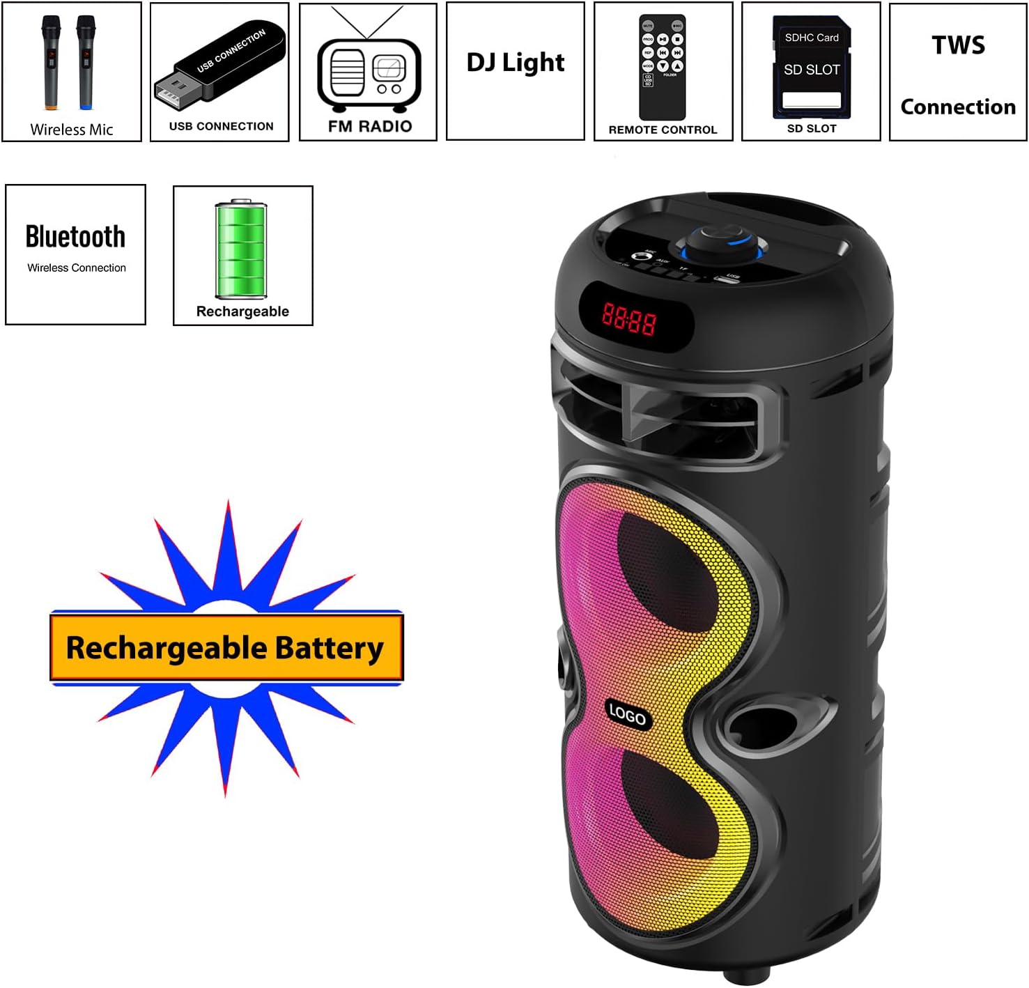 Boytone, Portable Bluetooth Party Speaker, with USB Port, RGB DJ Lights, Wireless Stereo, TWS Pairing, for Home Parties and Outdoor Entertainment (BT-33K-N)
