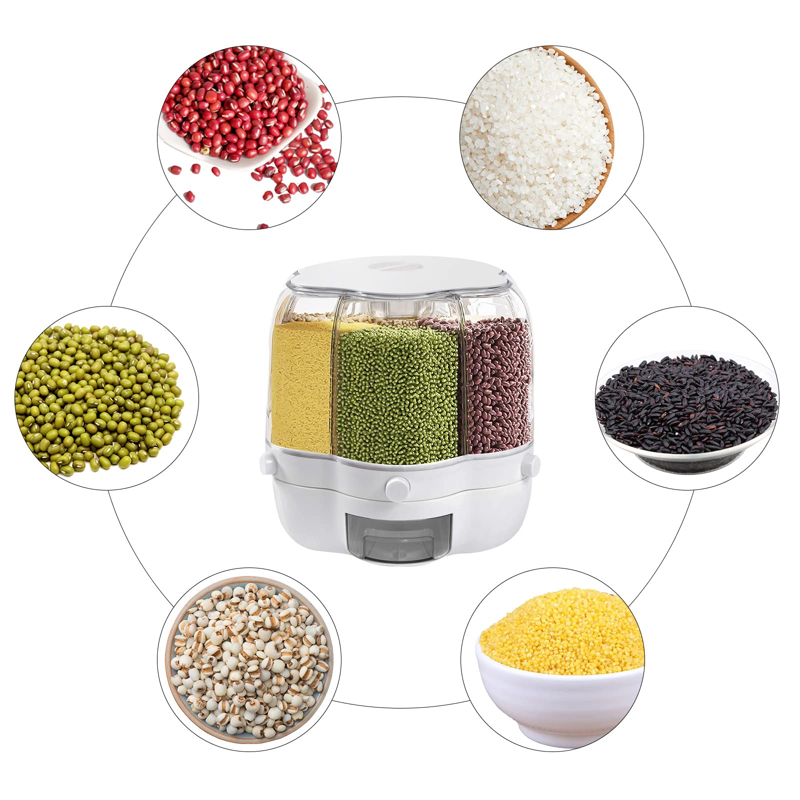 Dispensador de cereales con 6 rejillas, contenedor de arroz, dispensador de alimentos giratorio de 360°, dispensador grande redondo para alimentos secos, dispensador de arroz giratorio con