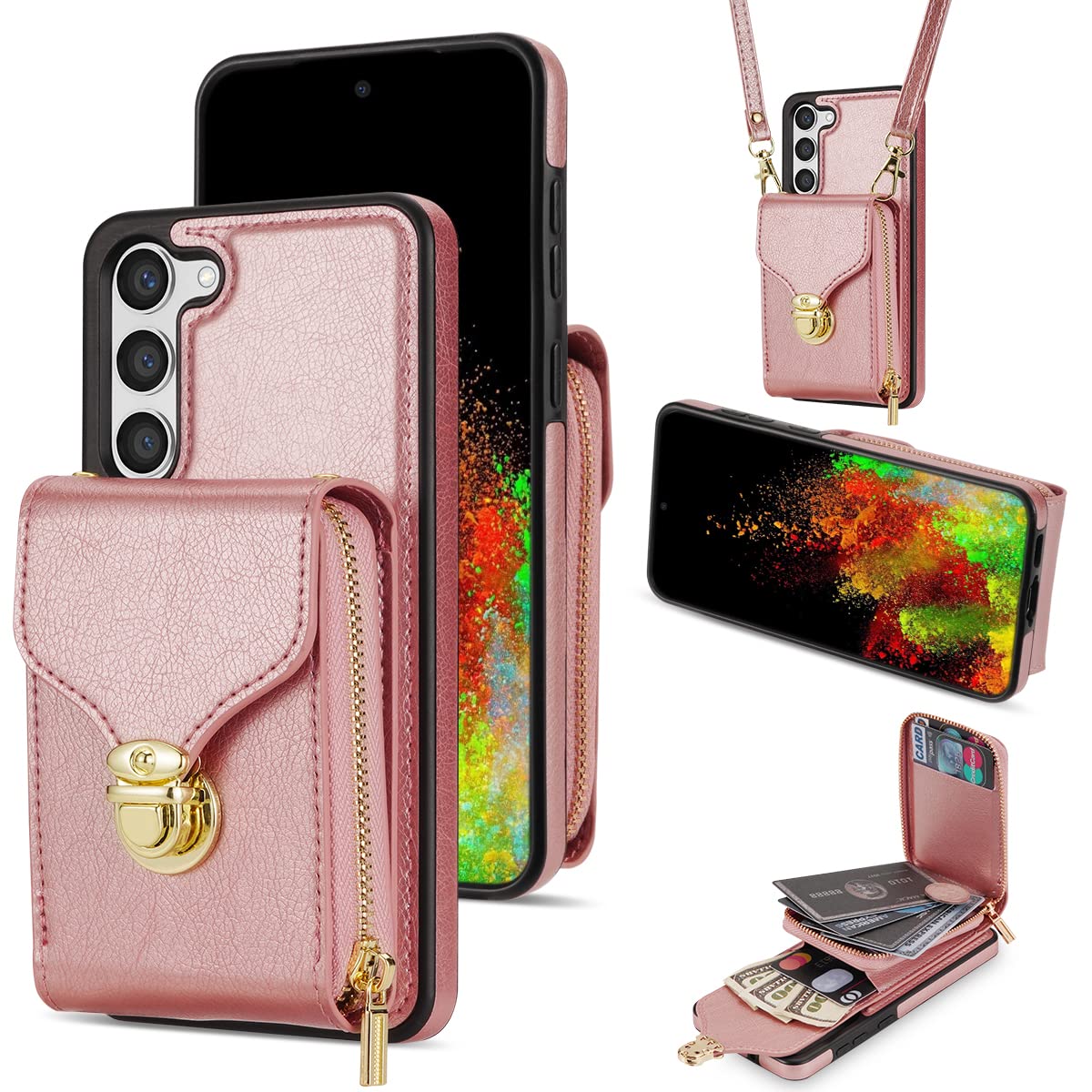 Compatible with Samsung Galaxy S21 Plus S21+ 5G Wallet Case Crossbody Strap Leather Zipper Credit Card Holder Clasp Stand Cell Accessories Phone Cover for S21+5G S21plus 21S + S 21 21+ G5 Women Pink