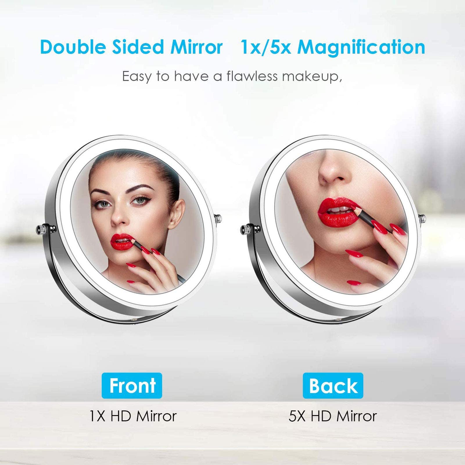 Specchio for trucco da parete con luci e ingrandimento 5X, specchio for trucco da parete girevole a doppia faccia da 8 pollici Specchietti da trucco estensibili neri Due lati 360 Girevoli Viso cosmeti
