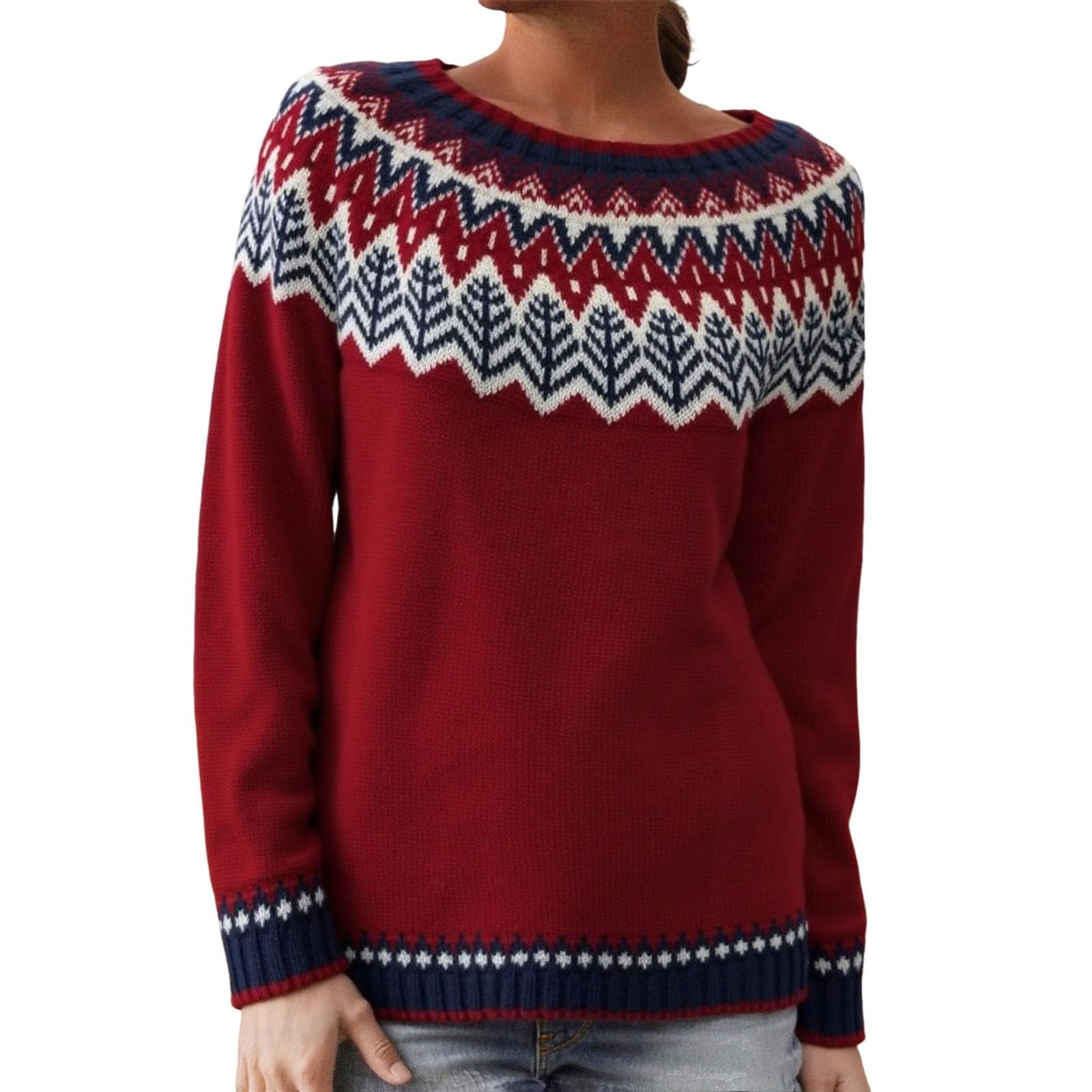 Sweaters for Women Fall Vintage Fair Isle Sweater Casual Crewneck Long Sleeve Knitted Sweater Loose Boho Knitted Pullover