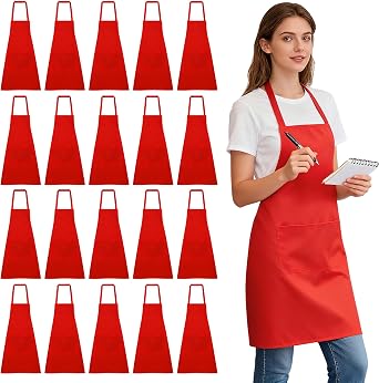 20 Pack Red Apron, Unisex Bib Apron Chef with 2 Pockets | Kitchen Apron, For Painting, Cooking, Catering, Restaurant
