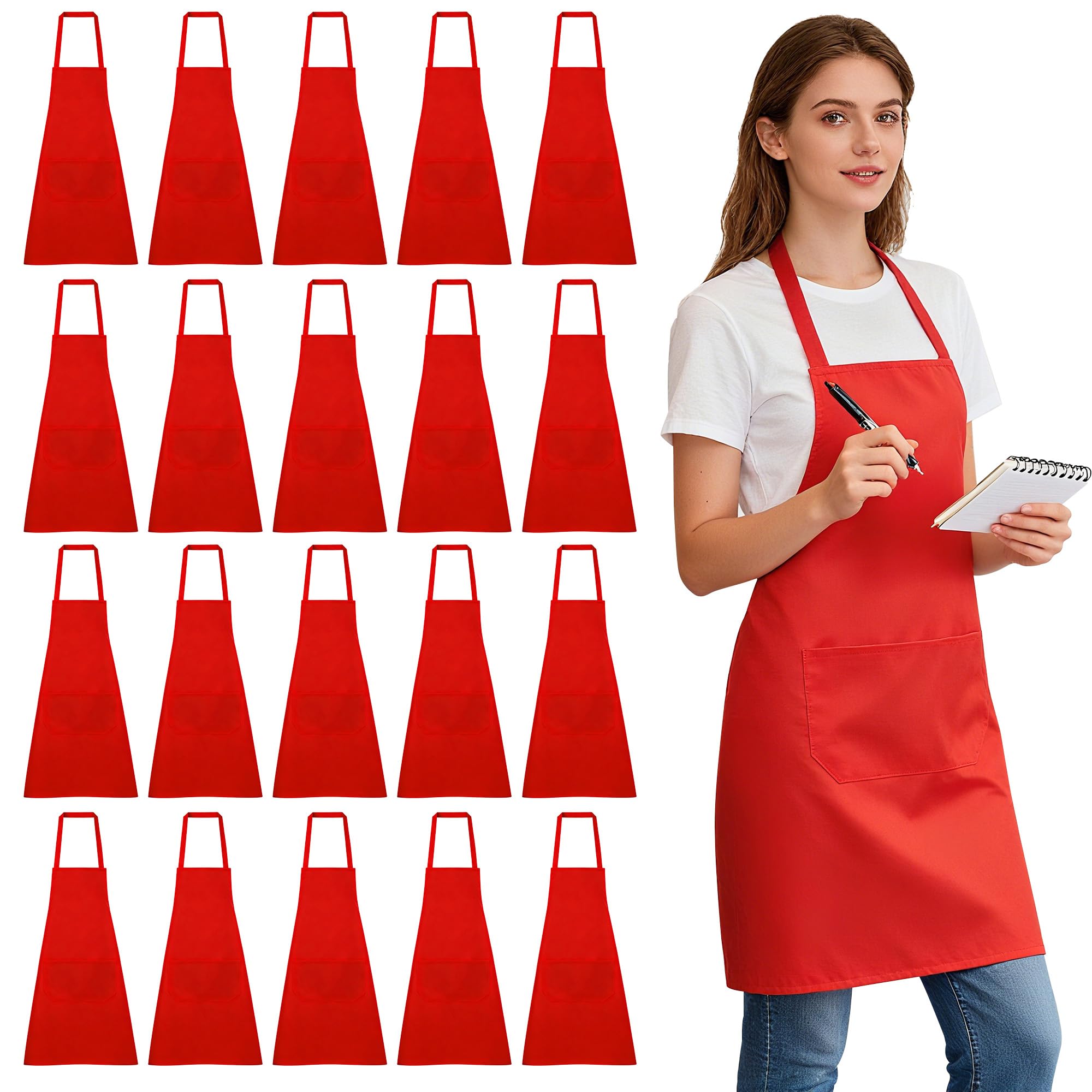 WENLISELL 20 Pack Red Aprons for Women and Men, Unisex Bib Apron Chef with 2 Pockets, Red Kitchen Apron for Painting, Cooking, Catering, Restaurant