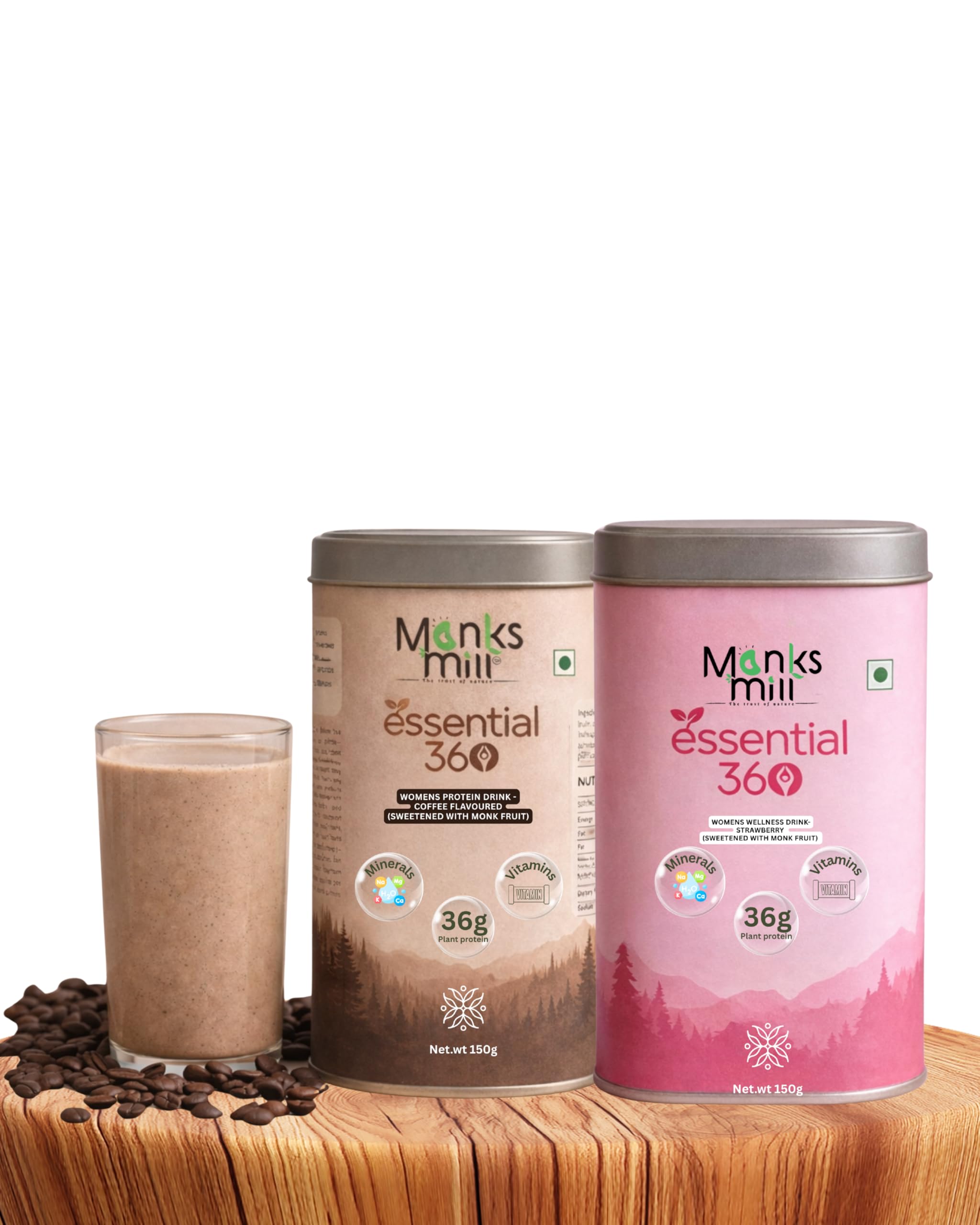 Monks mill Essential 360 Womens Protein Wellness Drink Combo, Coffee and Strawberry Flavour, Plant Protein, 150g Each, Pack of 2-image-4