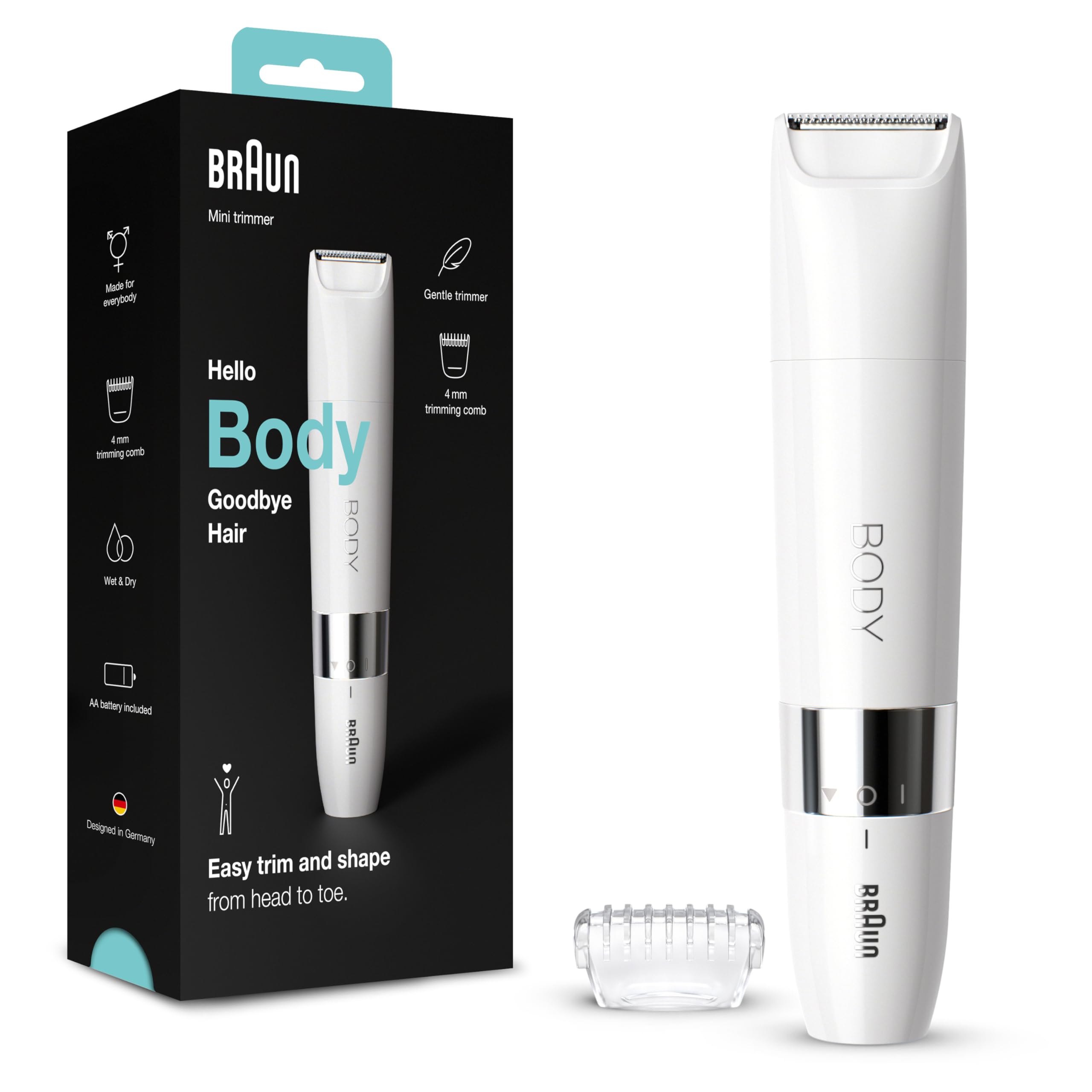 Braun Body Mini-Trimmer BS1000 – Elektrischer Körperrasierer mit Trimmeraufsatz, Weiß