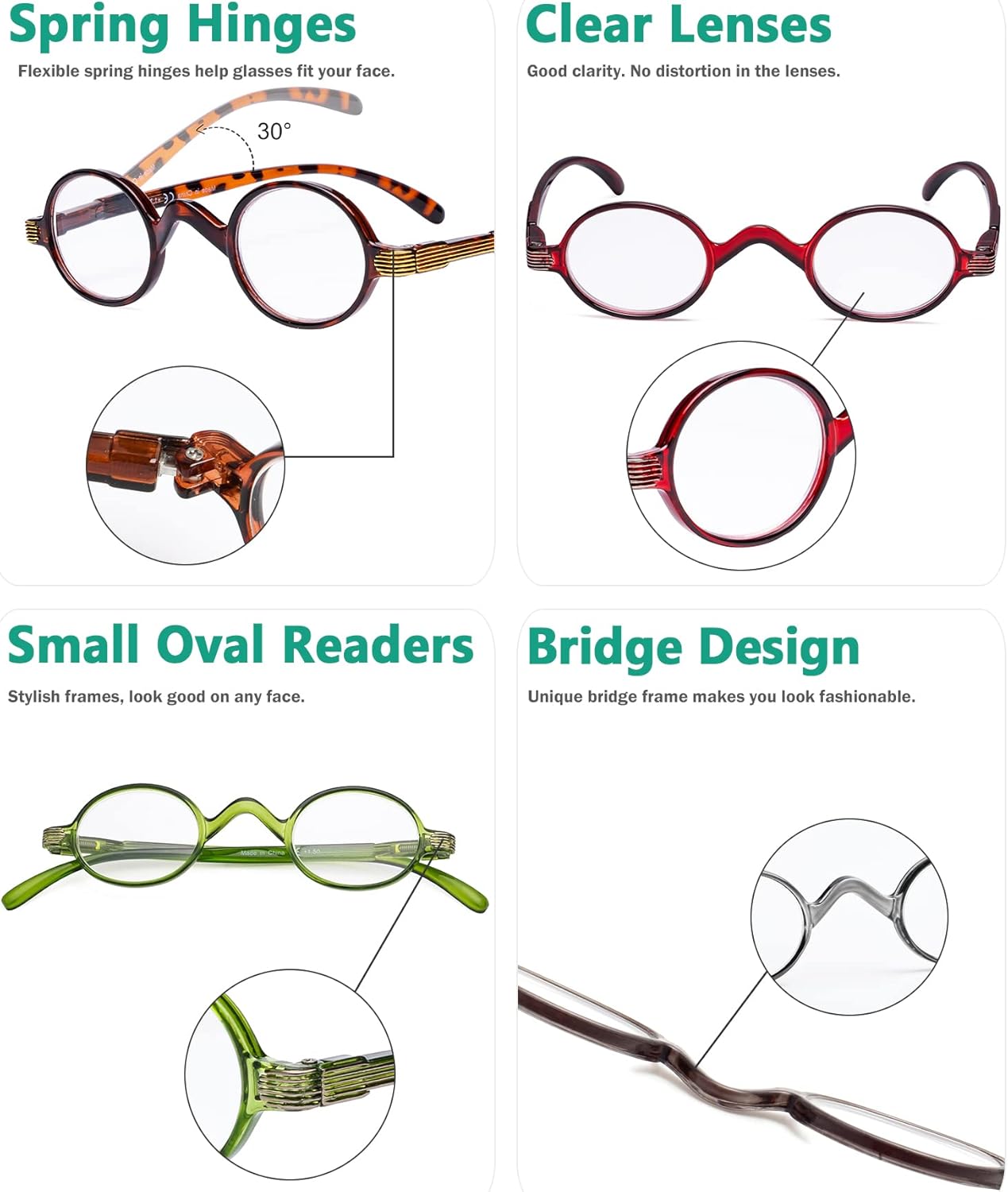 Eyekepper 5-Pack Spring Temple Vintage Mini Small Oval Round Reading Glasses Include Sunshine Readers +2.0