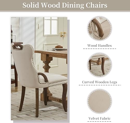 Miniatura 5 de Sillas de Comedor Juego de 2 sillas de comedor de terciopelo beige, modernas sillas de comedor tapizadas con respaldo copetudo y asas de madera,