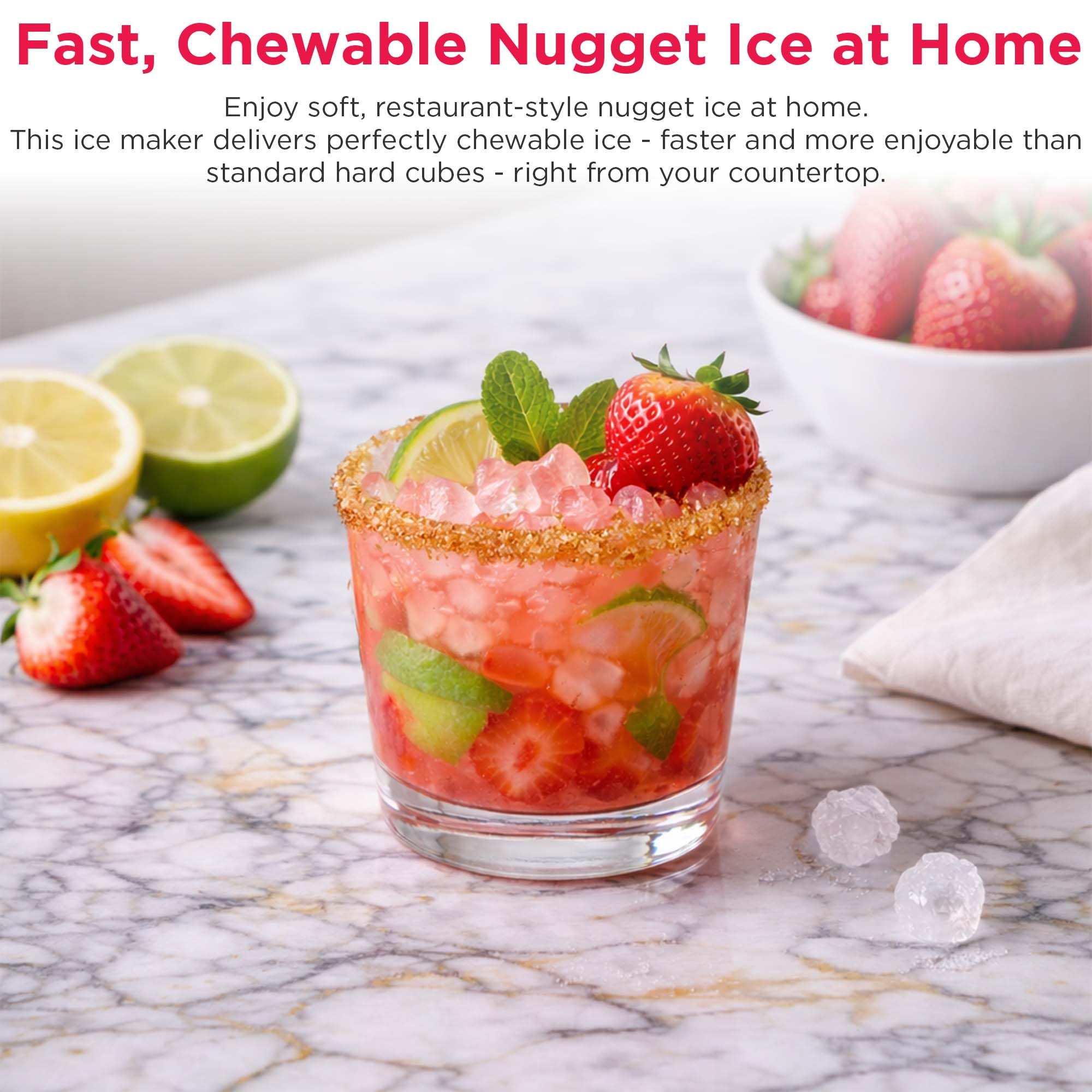 FRIGIDAIRE Countertop Crunchy Chewable Touchscreen Nugget Ice Maker, 33lbs per Day, Auto Self Cleaning, White on Fridge.com