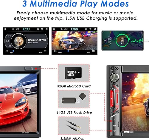 Vista 5 de Estéreo de coche Bluetooth de doble din: receptor de audio de coche con pantalla táctil LCD de 7 pulgadas - Mirrorlink MP5 Radio para coche con AM