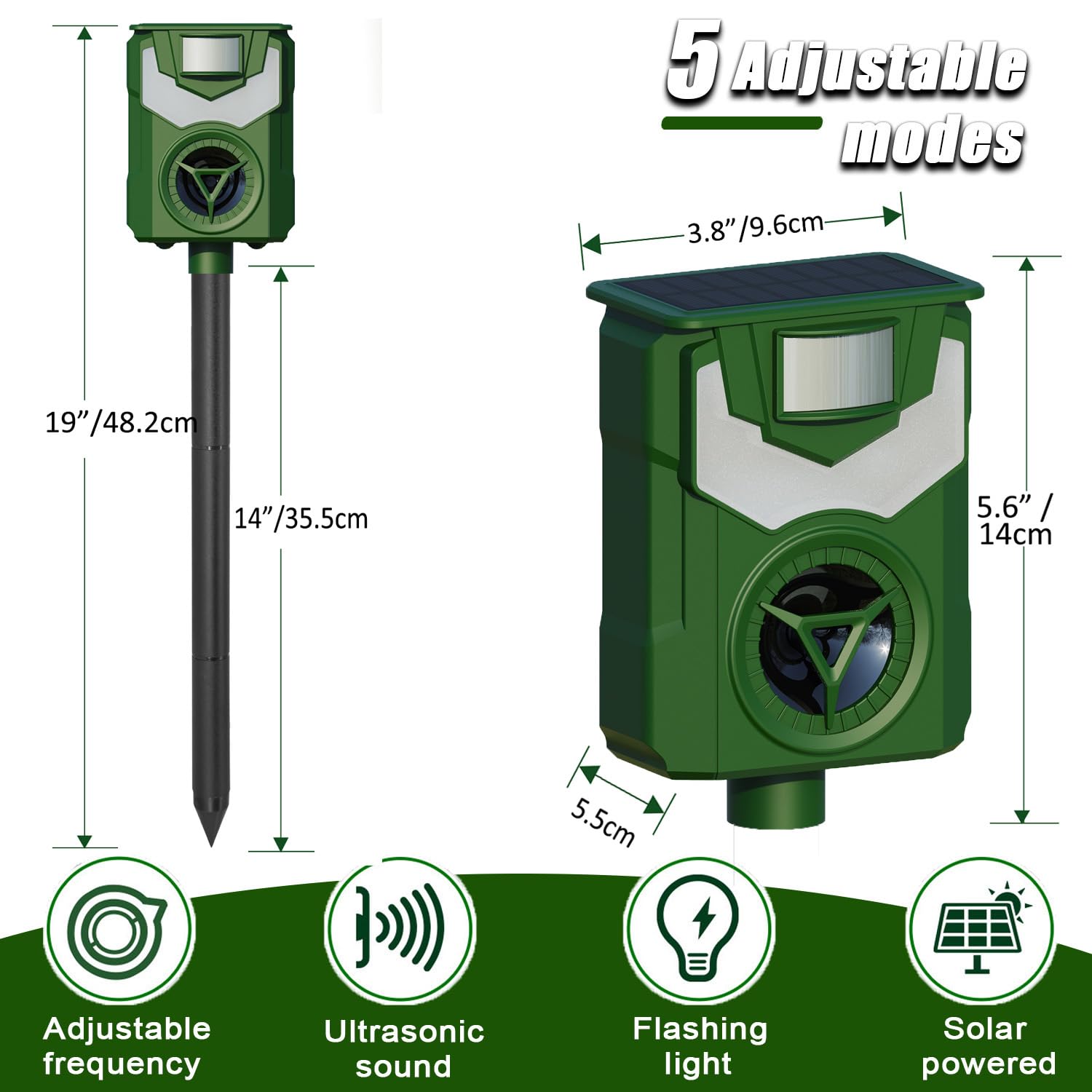 Répulsif solaire à ultrasons pour chats et renards - Pour jardin - Étanche IP44 - 5 modes de fréquence - Détecteur de mouvement PIR - Lumière stroboscopique et alarme pour ferme, cour, écureuils