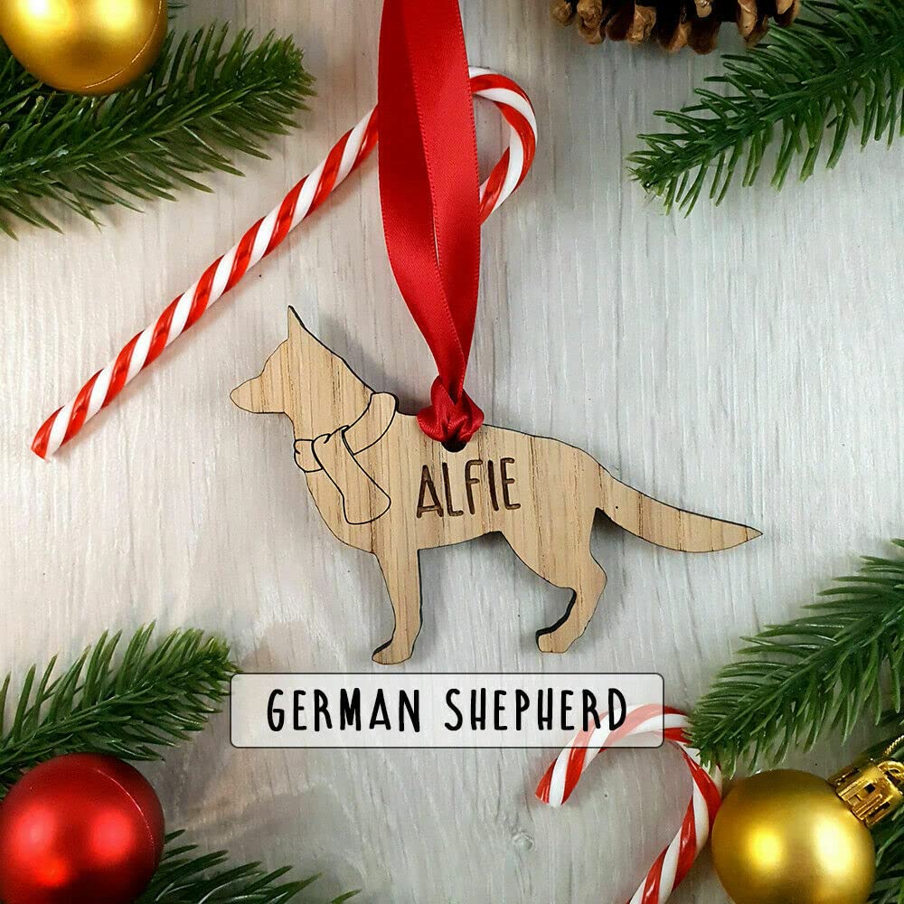 My Pretty Little Gifts Personalised German Shepherd Oak Wood Dog Bauble Decoration - Christmas Tree gift Pet Xmas