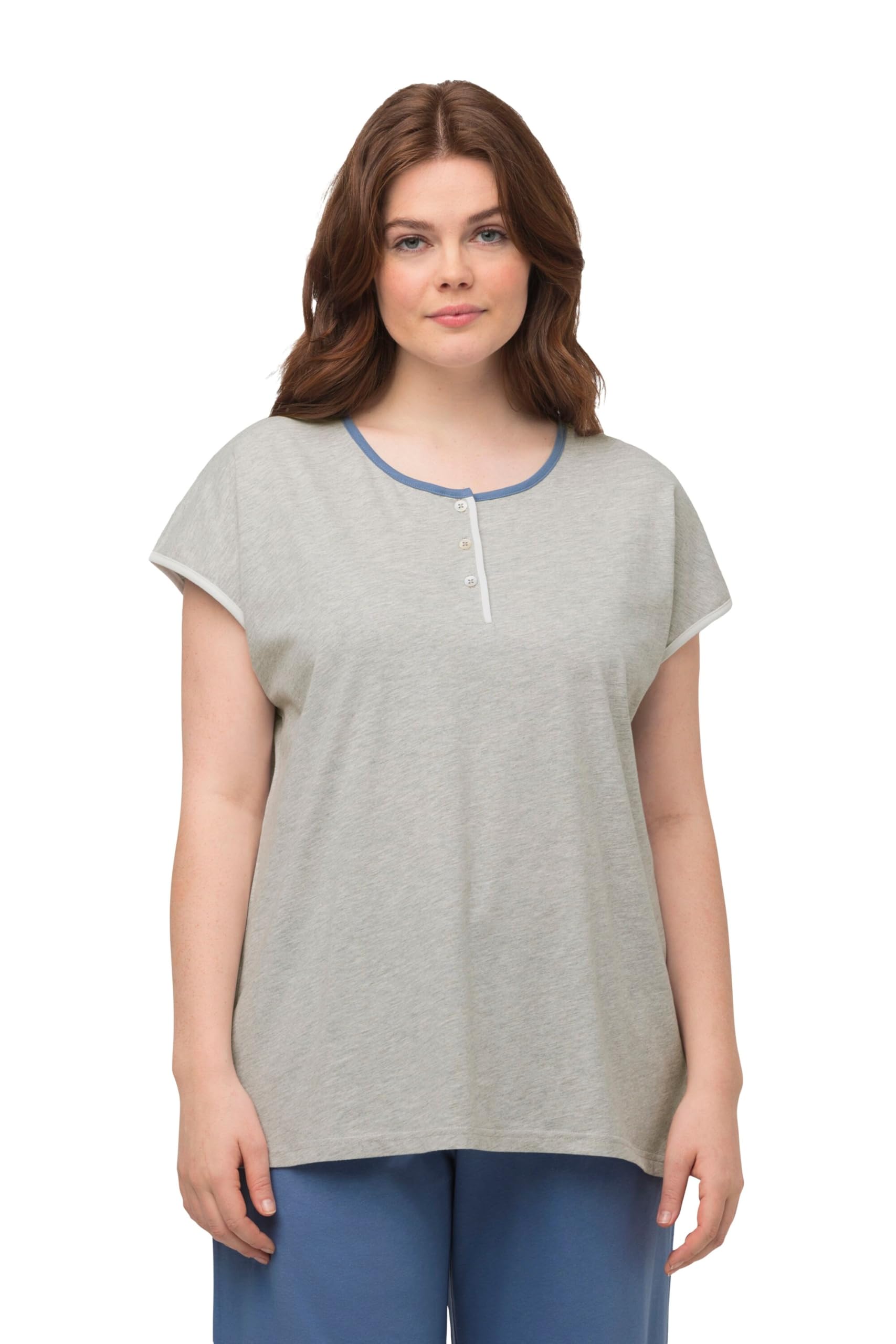 Ulla Popken Damen große Größen Übergrößen Plus Size Pyjama-T-Shirt, Paspel, Rundhals, Halbarm, Biobaumwolle 820107