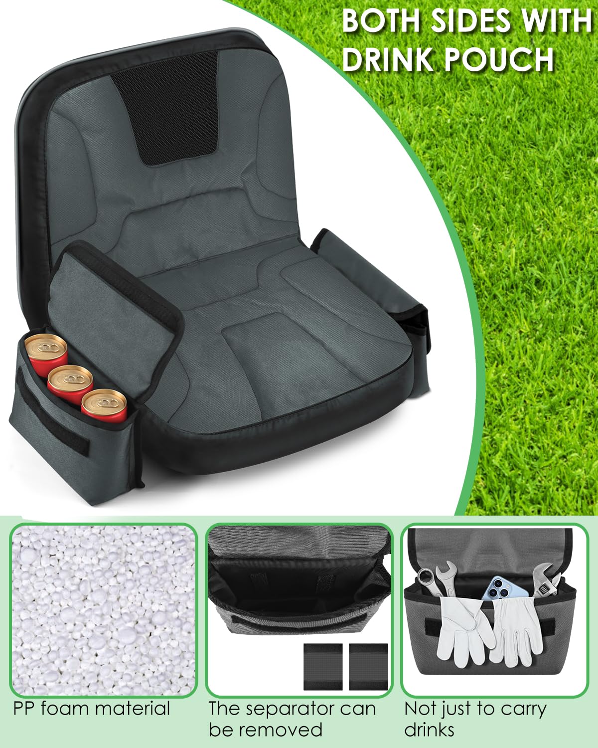 PACETAP Funda de Asiento de Tractor con Bolsa de Bebidas, Resistente al Agua, Oxford 600D, para cortacésped, Compatible con Kubota, Cub Cadet, Ford, Mahindra, Husqvarna (Negro, Mediano)