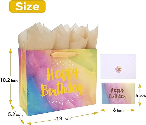 Miniatura 2 de wishinside Juego de bolsa de regalo de acuarela amarilla grande de 13 pulgadas, tarjeta de felicitación y papel de seda (lámina dorada, feliz