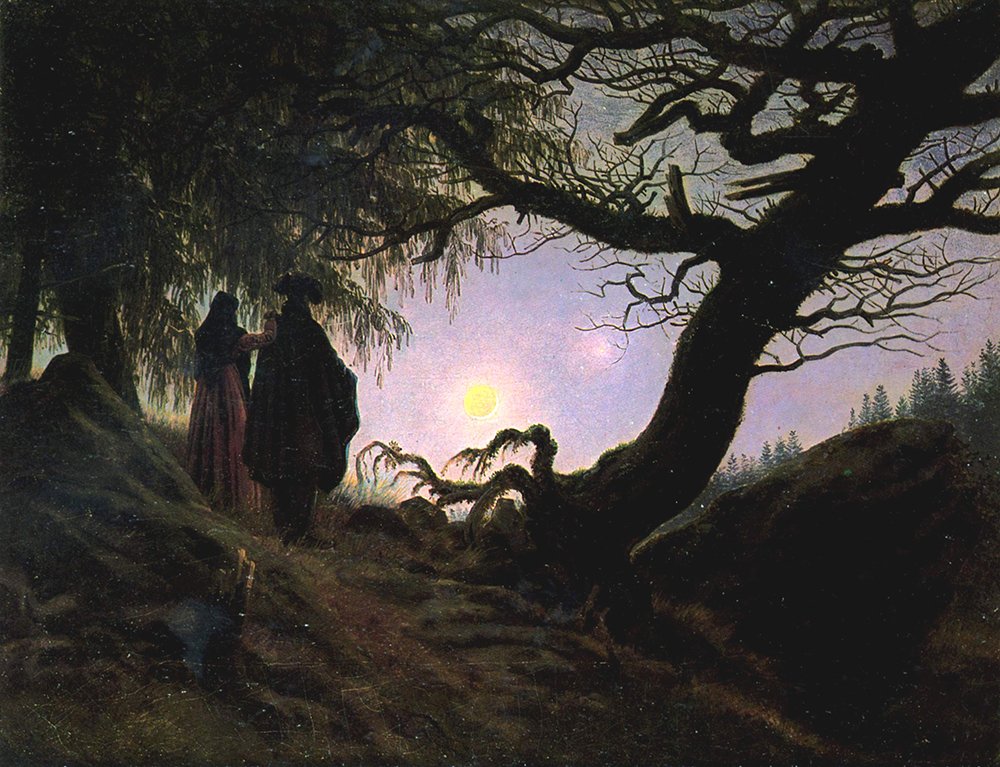 Affiche Friedrich Lune décoration salon romantique avec cadre en bois marron
