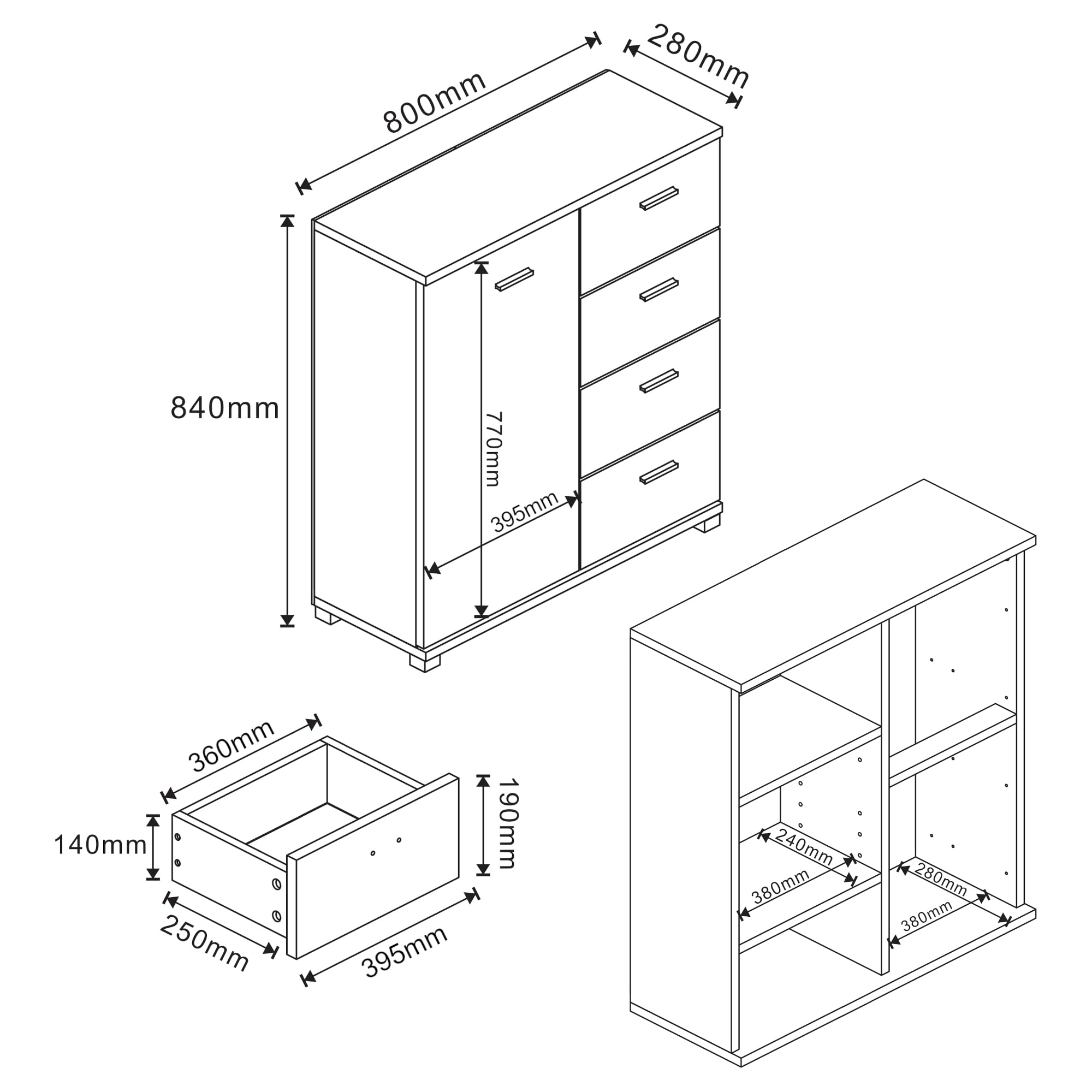 [en.casa] Madia Comò con Cassettiera Armadio Basso con 4 Cassetti e Anta Armadietto Stretto Multiuso Mobile Portascarpe 84 x 80 x 28 cm - Grigio Scuro