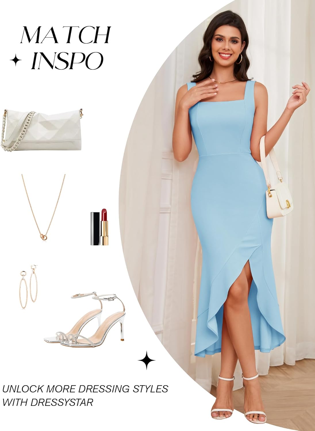 Dressystar 2026 Women’s Square Neck Midi Bodycon Cocktail Dress Sleeveless Sexy Slit Ruffle Formal Wedding Guest Dresses - Image 5