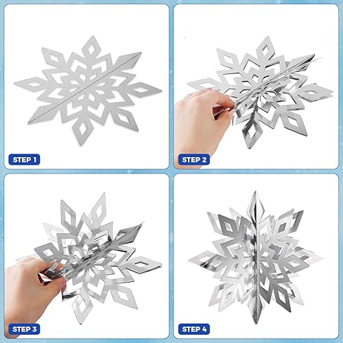 Vista 32 de 36 decoraciones de copos de nieve de Navidad, guirnalda de copos de nieve de papel blanco grande 3D para colgar copos de nieve para invierno, país
