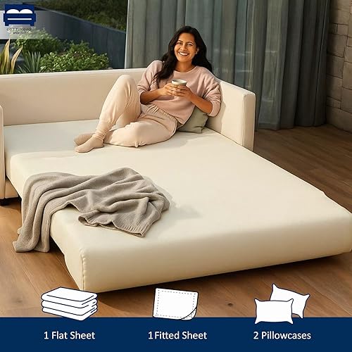 Miniatura 4 de Cottingon Juego de ropa de cama para sofá cama, tamaño matrimonial de 6 pulgadas, 4 piezas, color marfil