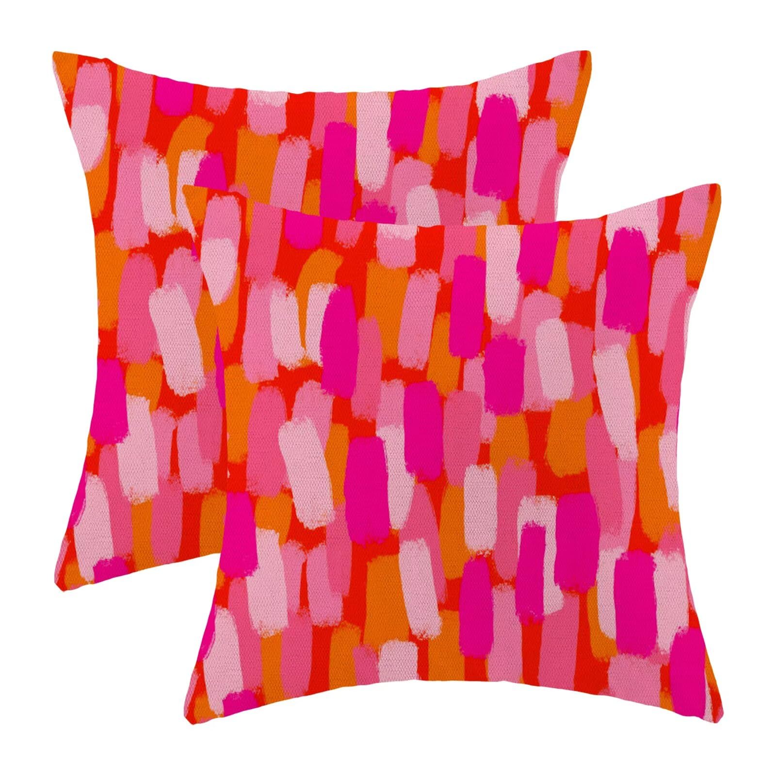 Abstract Retro Throw Pillow Covers 18x18 Inch Set of 2, Pink Orange Brush Decorative Throw Pillow Covers Funky Aesthetic Outdoor Cushion Cover for