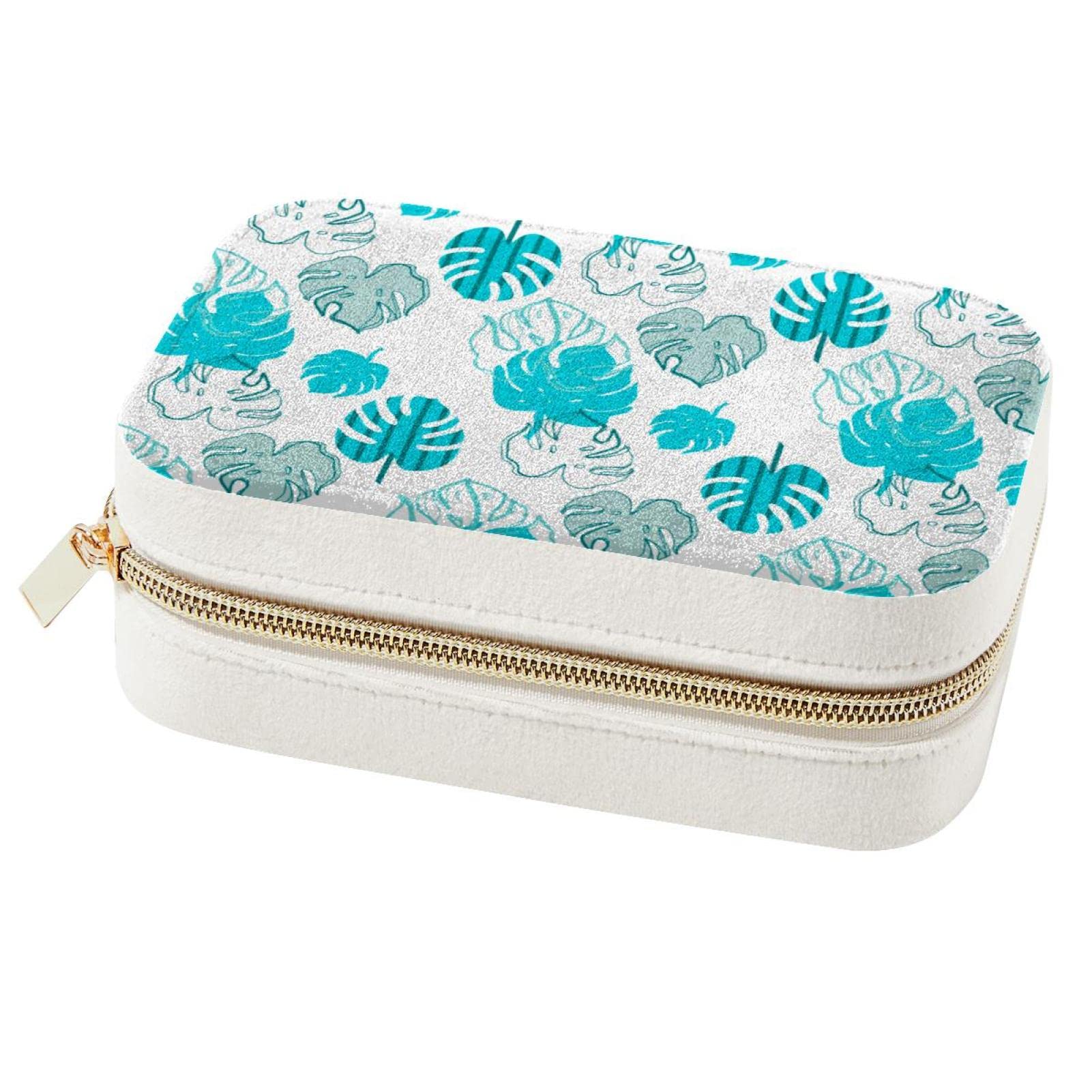 Boîte à bijoux de voyage avec motifs feuilles bleues pour bagues et colliers
