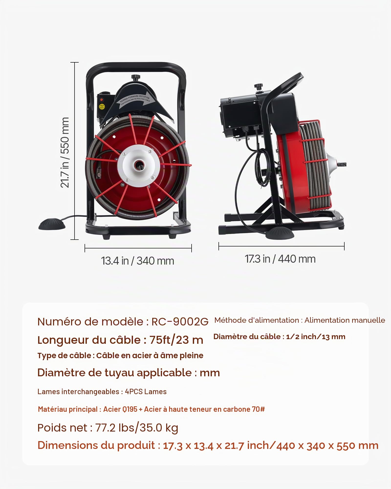 VEVOR Déboucheur Canalisation Électrique 23 m x 13 mm Furet Électrique Alimentation Manuelle Machine de Débouchage pour Canalisations de Tuyaux 50-150 mm, avec 4 Têtes de Coupe, Interrupteur au Pied