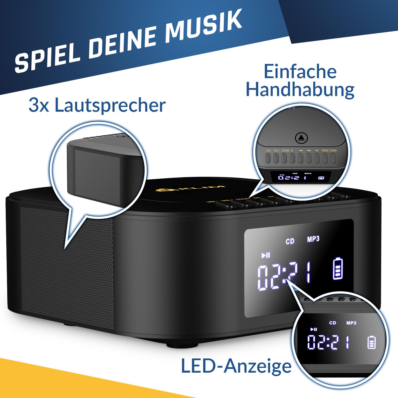 KLIM Boombox E1 Radio mit CD Player - BASS Boost mit Tieftöner - FM Radio, MP3, Bluetooth, AUX, USB - CD Player tragbar mit kabellosem Modus und aufladbaren Akku - Mit Fernbedienung - Schwarz/Gold