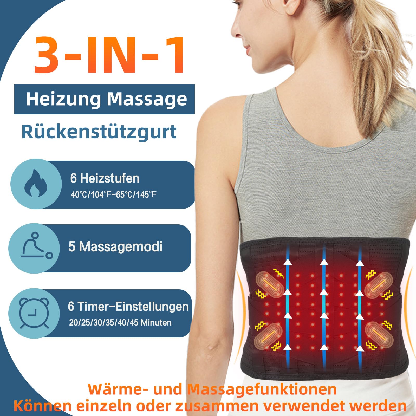 HONGJING Rotlichttherapie Rückenmassagegürtel zur Linderung von Schmerzen im unteren Rückenbereich, Rückenstützgürtel mit Wärme und Massage bei Bandscheibenvorfall, Skoliose, Ischias (XL)