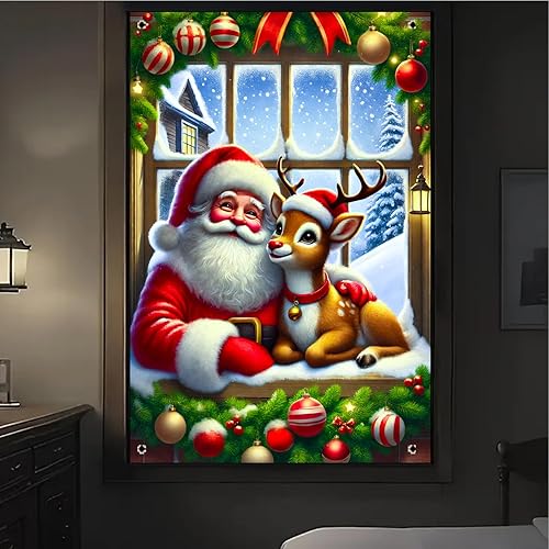 Miniatura 4 de Cubierta de ventana de Navidad de 31 x 47 pulgadas, escena de nieve navideña, Papá Noel con renos, decoración de ventana de invierno, fondo festivo,