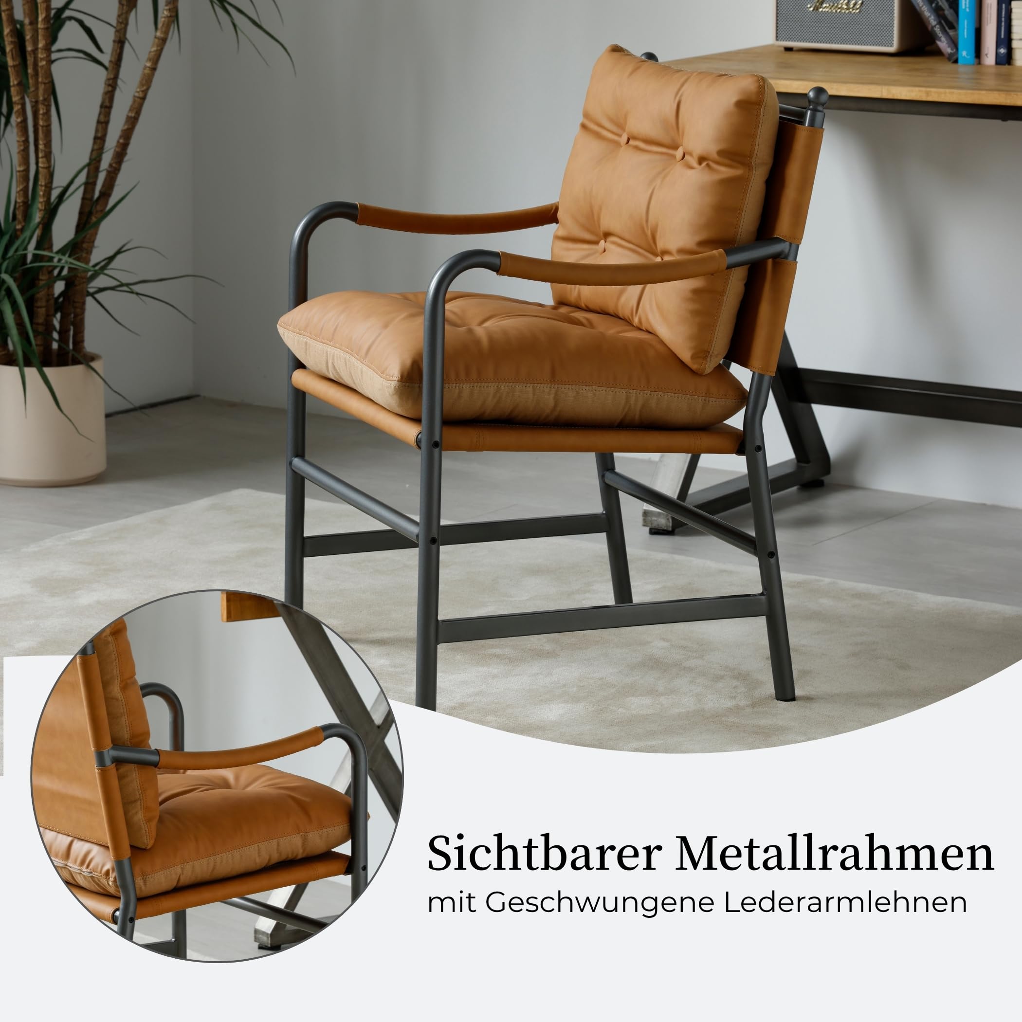 Fauteuil vintage en cuir, chaise lounge industrielle avec cadre en métal