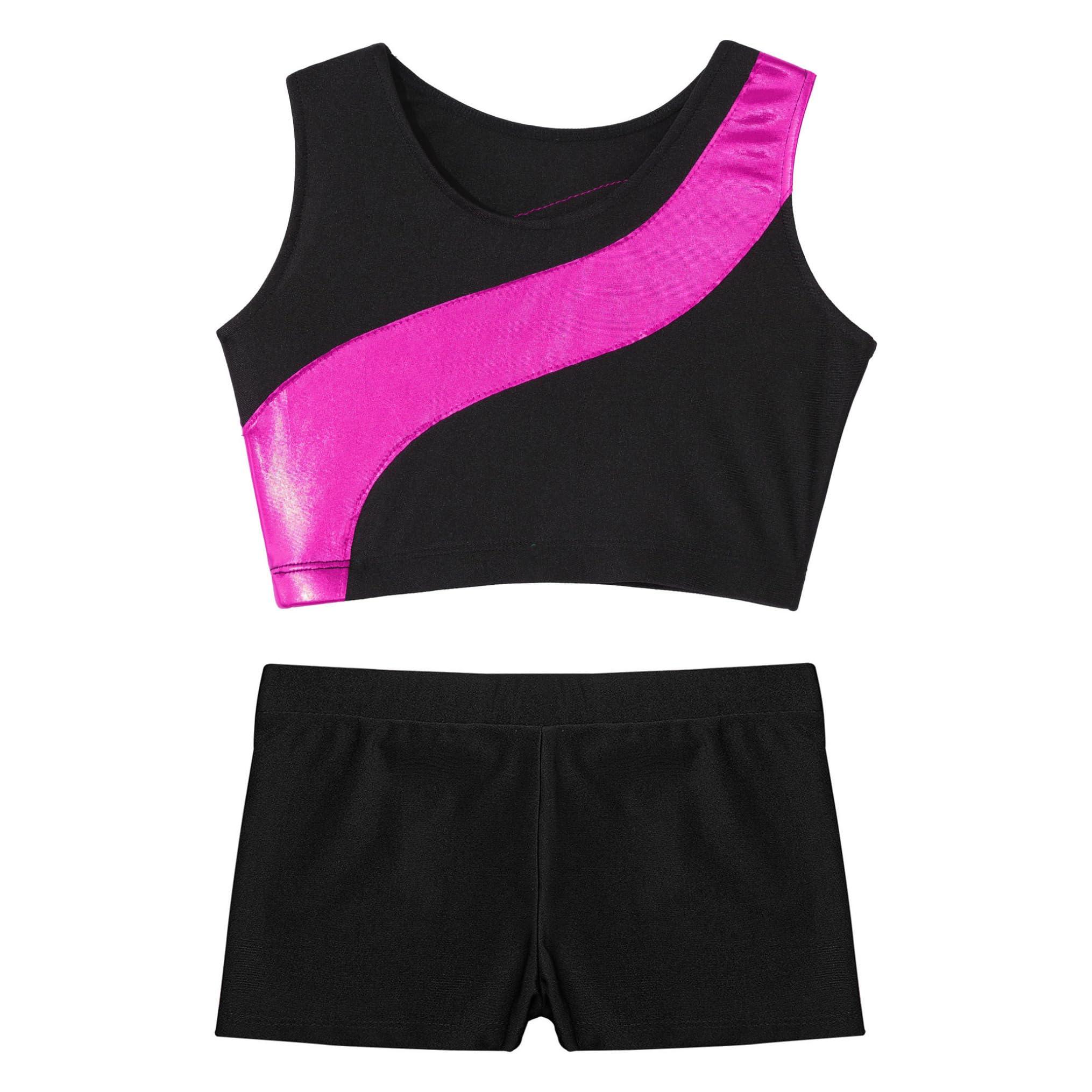 Freebily Tuta Ginnastica Artistica Bambina Crop Top Canottiera Stringer Ragazza Pantaloncini Vita Bassa Elastica Leggins Corti Sportivi Fitness Completo Danza Moderna