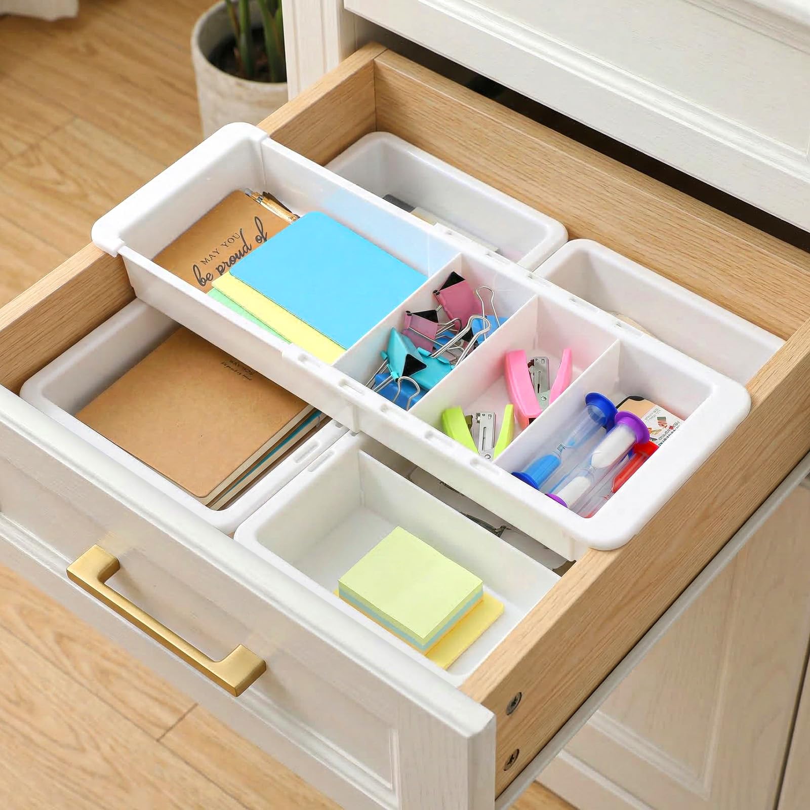 Photo 1 of moheaaei 3 Pcs Expandable Drawer Organizer, Adjustable Drawer Organizer Trays Expandable Plastic Dividers Storage for Office Bathroom Bedroom Kitchen Desk (White)