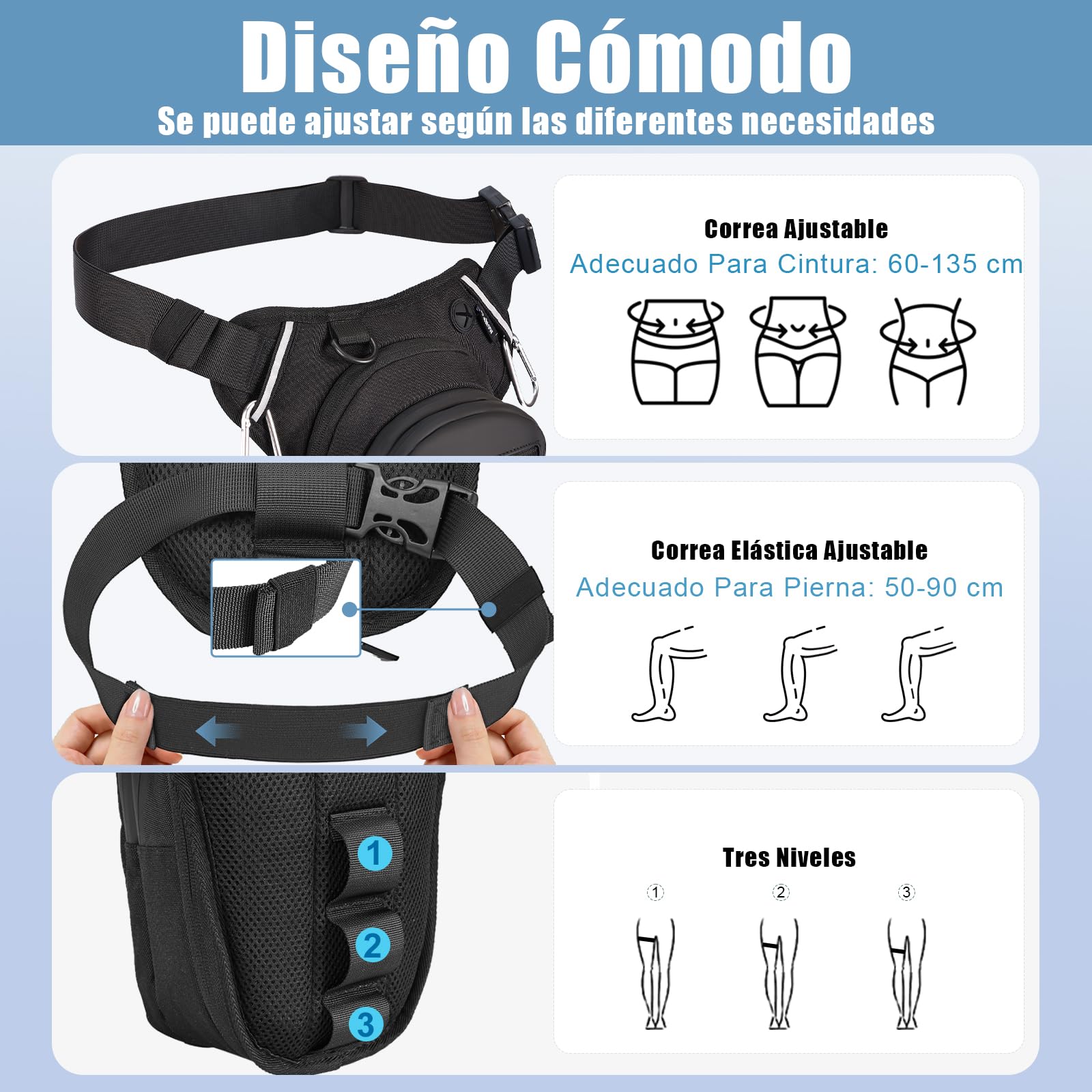 Eshow Pernera Moto Ampliable, Riñoneras con Portabotella y Tira Reflectante para Hombre y Mujer, Bolsa Pierna para Ciclismo Montañismo Viajes Senderismo Trabajo Camping Escalada Negro