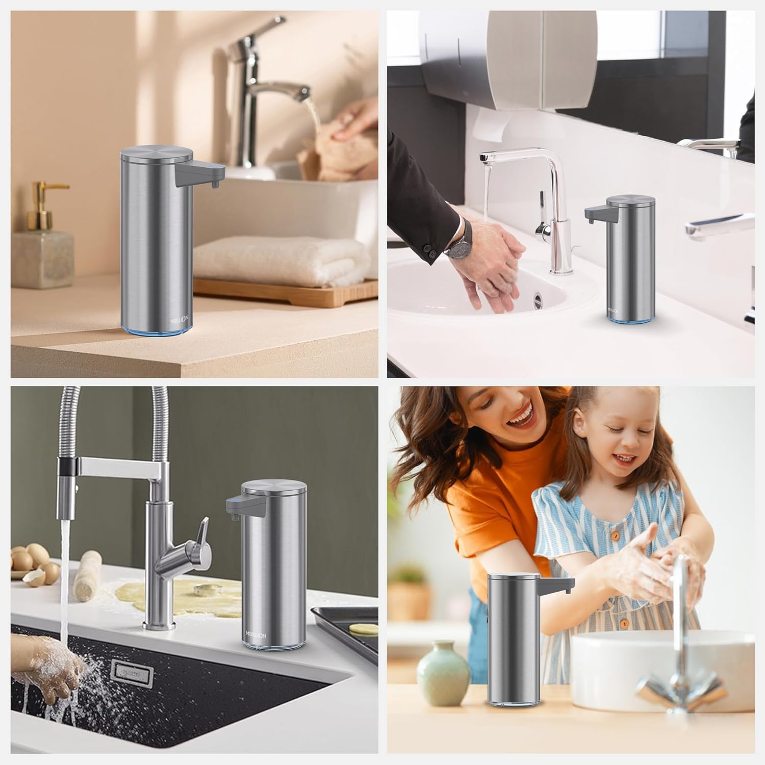Mbillion Automatischer Seifenspender Berührungsloser Schäumender Seifenspender USB Wiederaufladbarer Spender Elektrisch 5 Stufen Einstellbare Schaumseifenspender Pumpe für (Silberfarben)