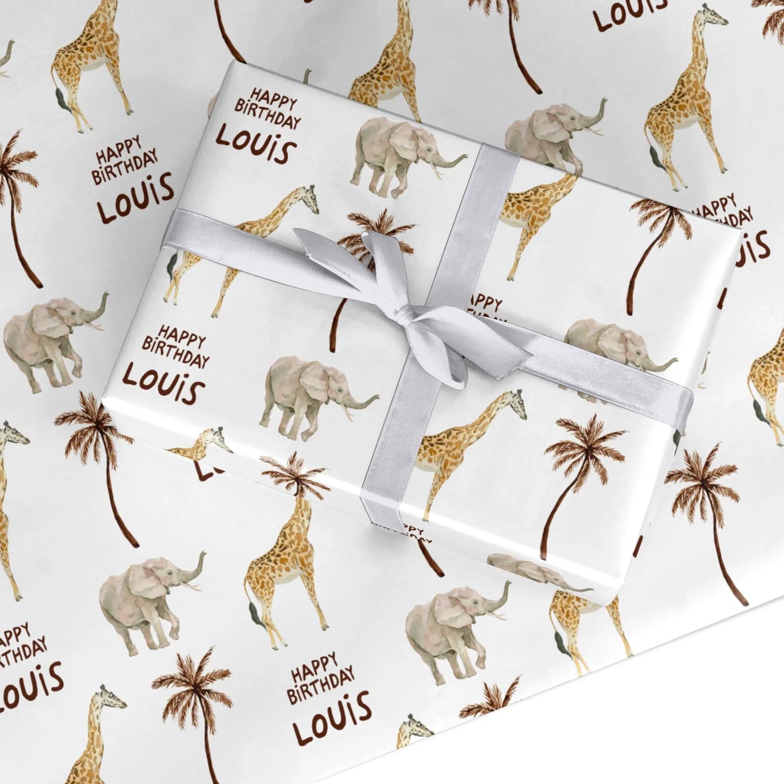 Safari Personalised Happy Birthday Wrapping Paper – Custom Animal Gift Wrap with Name – Recyclable Jungle Party Paper for Boys, Girls & Kids by Dyefor - 1 Sheet (50cm x 65cm)