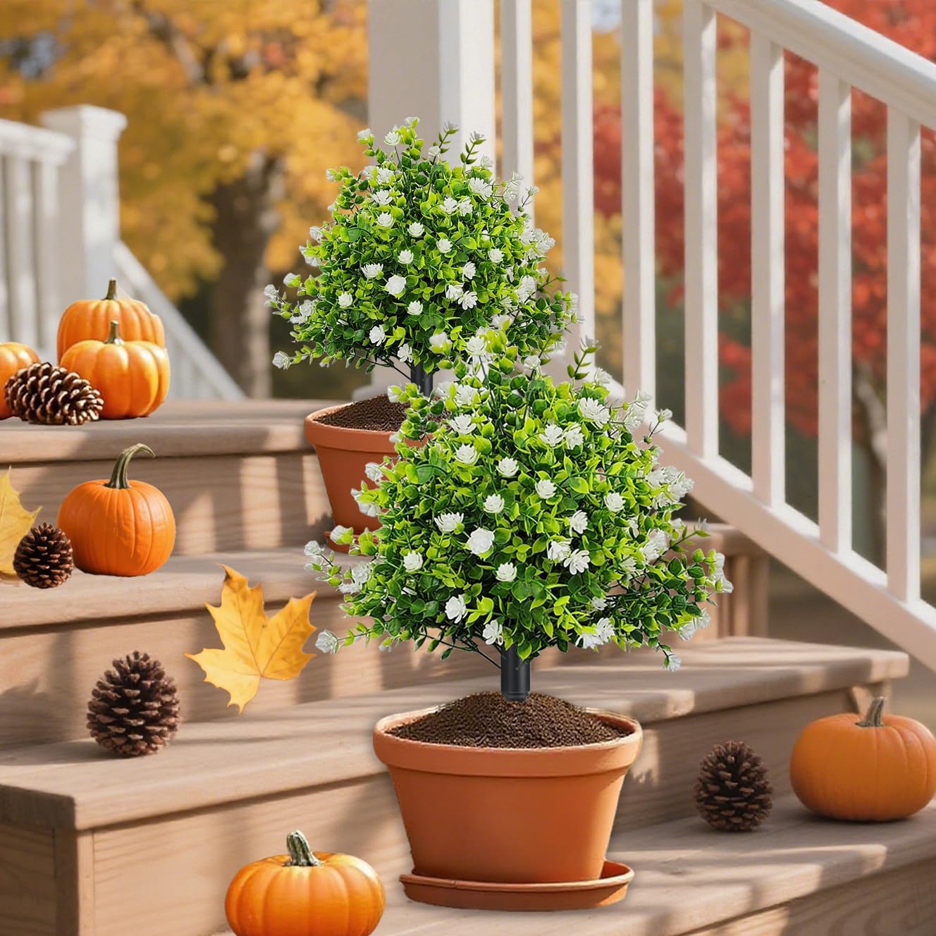 Set of 2 Fall Boxwood Topiary Ball Trees Artificial Outdoor with Ground Spike, 22.3" UV Resistant Faux Shrubs with Mum Flowers, Fake Outdoor Bushes Plants for Garden Yard Porch Patio White
