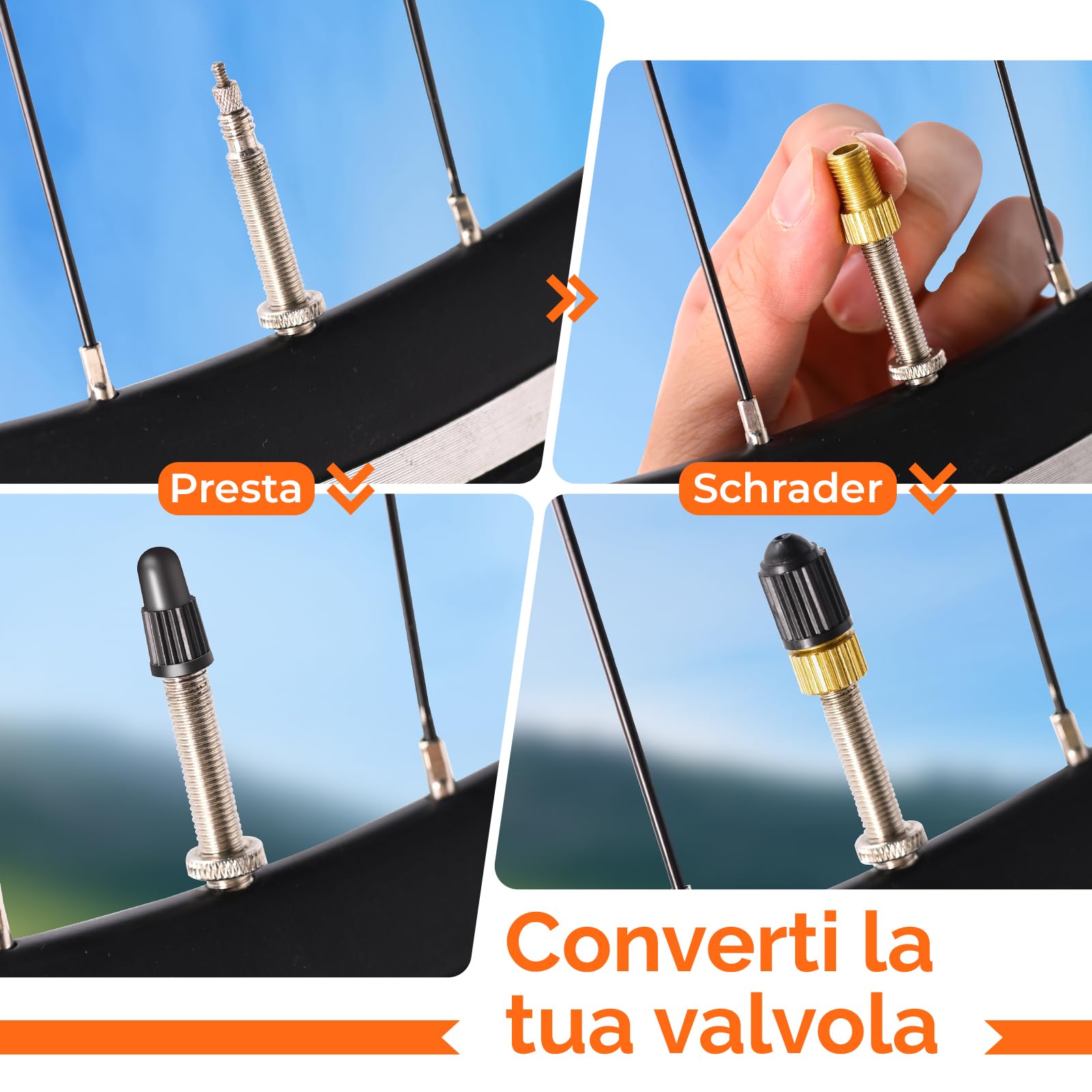 ETENWOLF Adattatore valvola Presta ottone 4 pezzi convertitore Presta-Schrader con 8 tappi