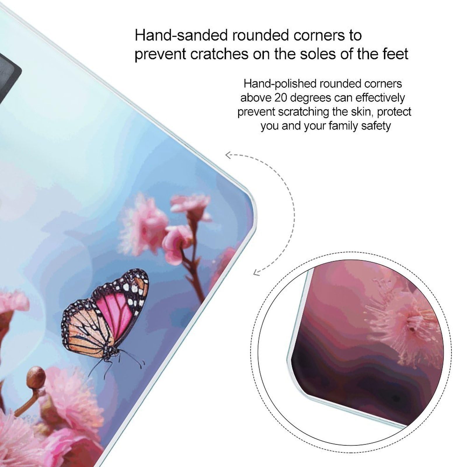 Bilancia digitale da bagno con fiori rosa e farfalle, bilancia digitale ad alta precisione, con display LCD trasparente BMI e misure step-on, peso fino a 180 kg
